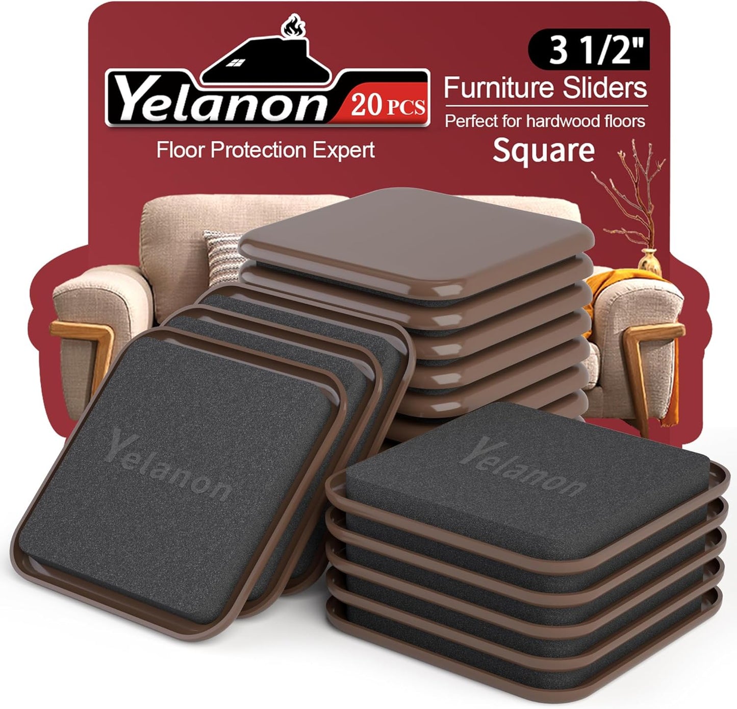 Furniture Sliders, 20 pcs-3 1/2” Square Brown Furniture Sliders for Carpet, Heavy Duty Furniture Movers Sliders, Reusable Furniture Moving Pads, Floor Protectors for Carpet