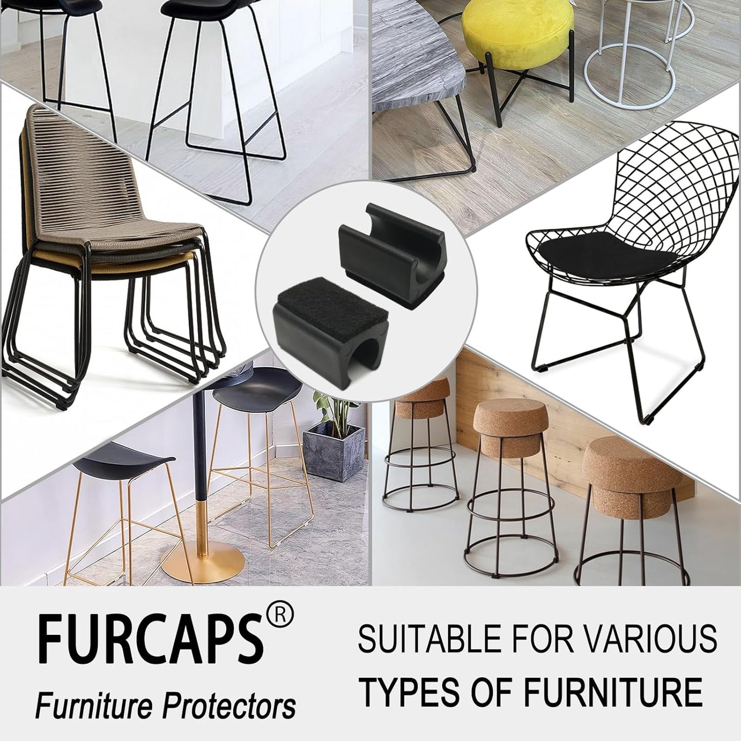 Rectangle U Shaped Chair Leg Tips Cap with Felt Pads,Furniture Feet Protector Slide Smoothly Glides,Protect Hardwood Floor No Scratches No Noise,Fit 14mm(9/16inch) Diameter Tubular Legs (Black 32PCS)