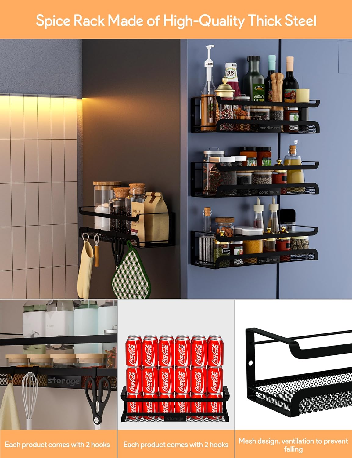 Spice Rack Wall Mount with Hooks - Spice Racks Organizer for Cabinet Storage, Wall Mounted Hanging Shelf Seasoning Organizer, for Kitchen, Pantry Door, Bathroom (Black, 4 Pack)