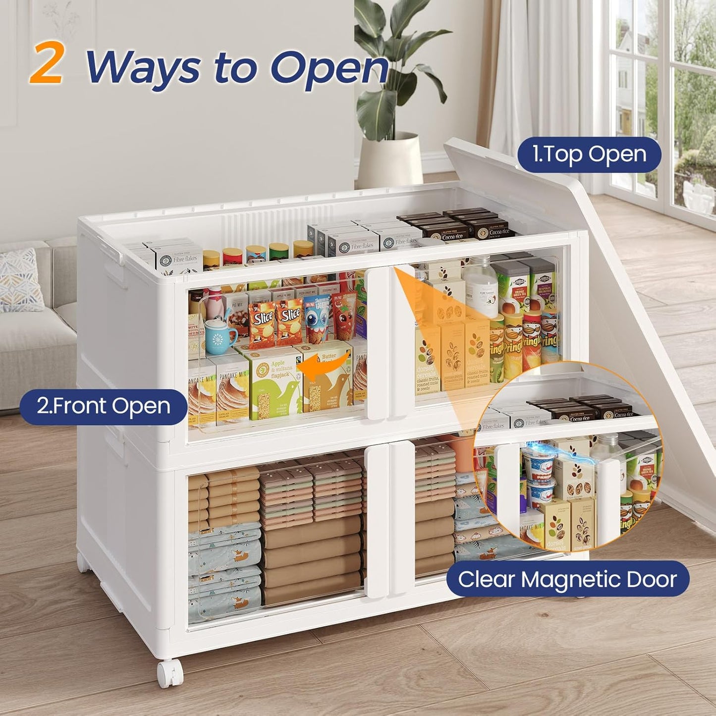 800Qt Stackable Storage Bins with Lid and Wheels, 200Gal Plastic Closet Organizer and Storage Drawer, Large Collapsible Storages Box Cabinet with Clear Door for Home Kitchen, 4Pack White