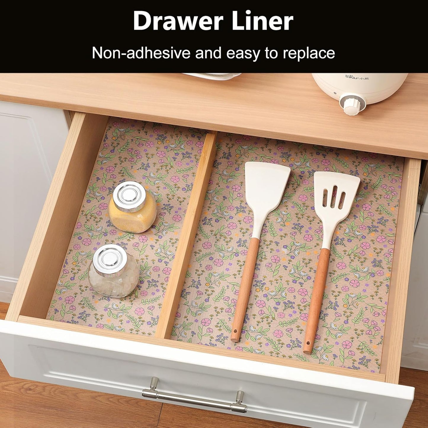 INNOLITES Non-Slip Shelf Liner – Cabinet & Drawer Liner Non-Adhesive – Waterproof Oil-Proof – Durable EVA with Floral for Kitchen Cabinets Refrigerator – BPA-Free, Easy to Cut 17.7" x 197"