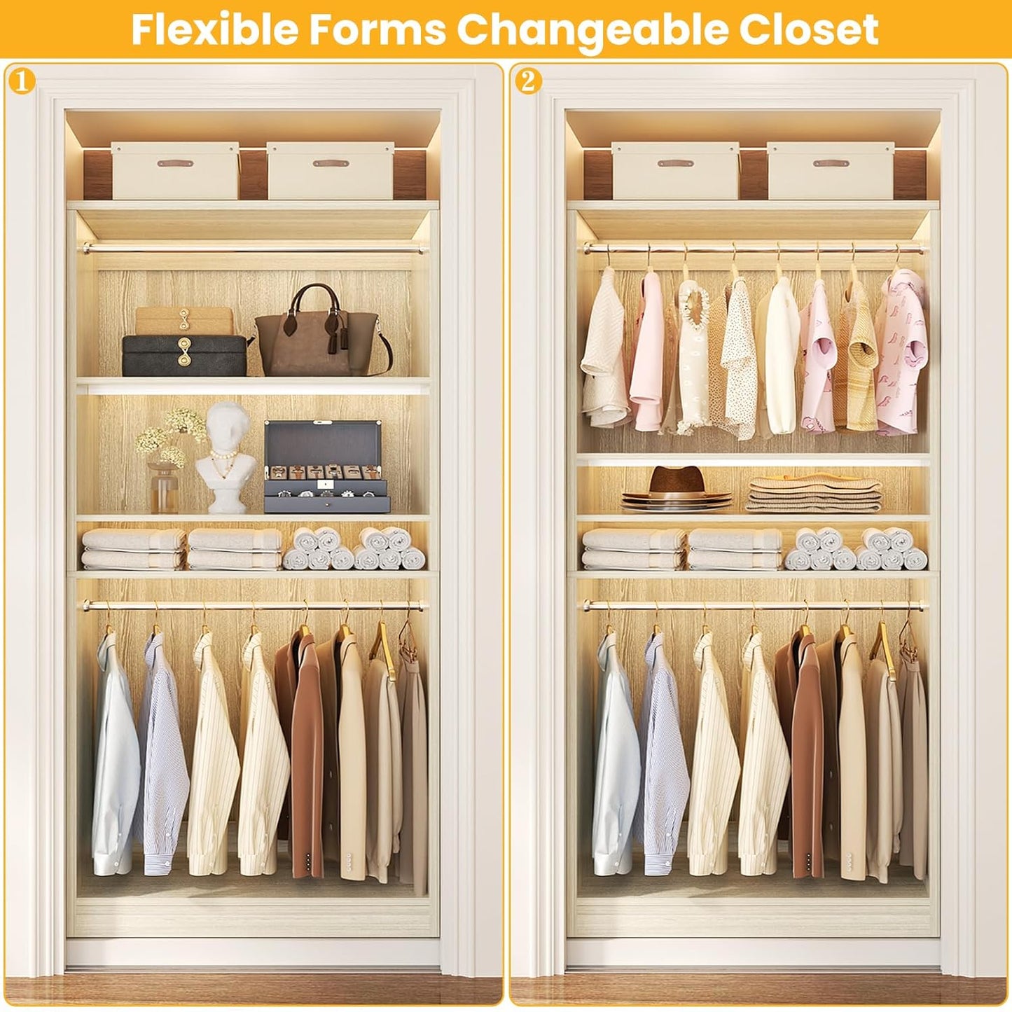 Unikito 3FT Freestanding Closet System with 2 Hanging Rods & Adjustable Shelve, 36'' Wood Closet Organizer System, Clothes Garment Rack, Sturdy Walk-in Closet Wardrobe Tower, Easy Assembly, White Oak