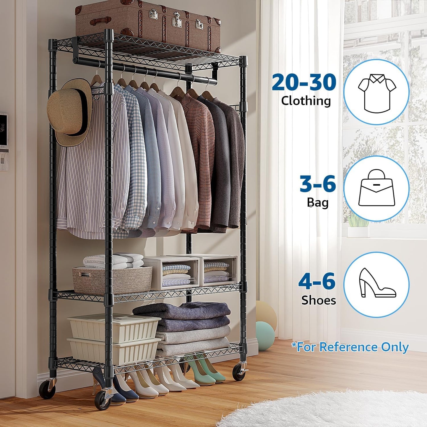 Heavy Duty Rolling Garment Rack 3 Tiers Adjustable Wire Shelving Clothes Rack with Rods and Side Hooks,Storage Closet Clothing Rack with Wheels Black 15.7" D x 29.5" W x 74.5" H