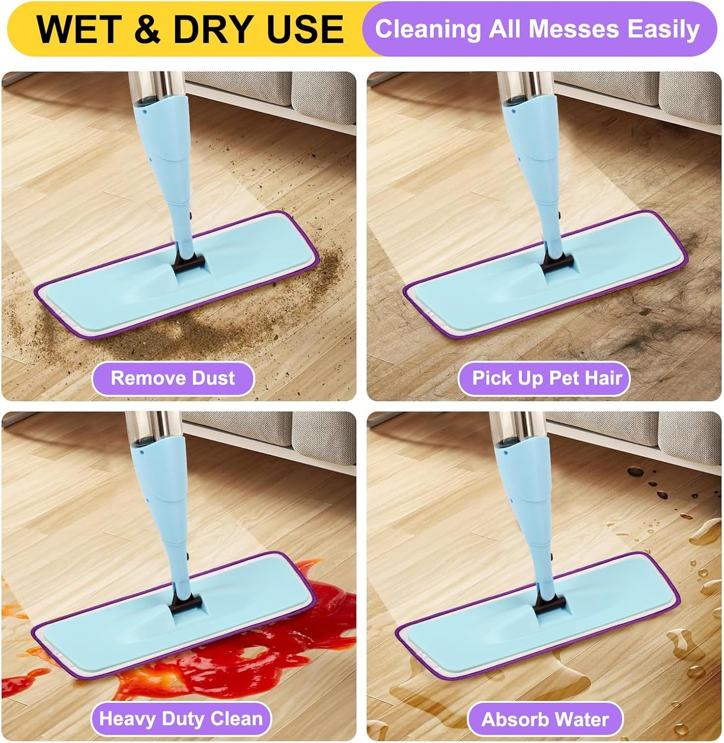 8 Pack 16.5 inch Reusable Mop Pads Microfiber Spray Mop Replacement Heads for Wet/Dry Mops Compatible with Bona Floor Care System (4 Color Mops)