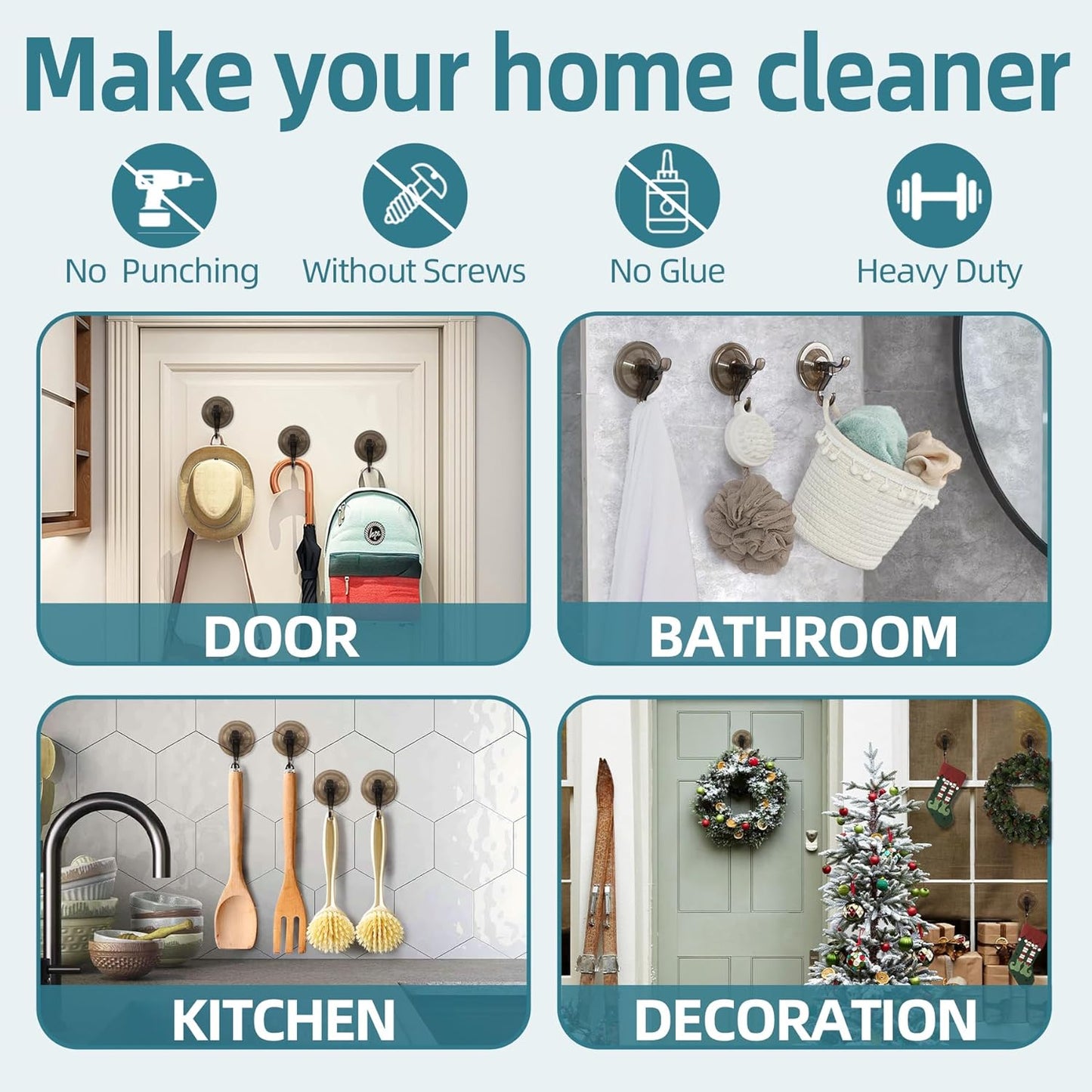 Antimbee Suction Hooks, 5 Pack Clear Hanger, Removable Small Suction Cups for Shower, Bathroom, Glass, Door, Windows, Kitchen - Up to 11 lbs on Smooth Surface - 2 Hooks Design (Transparent Gray)