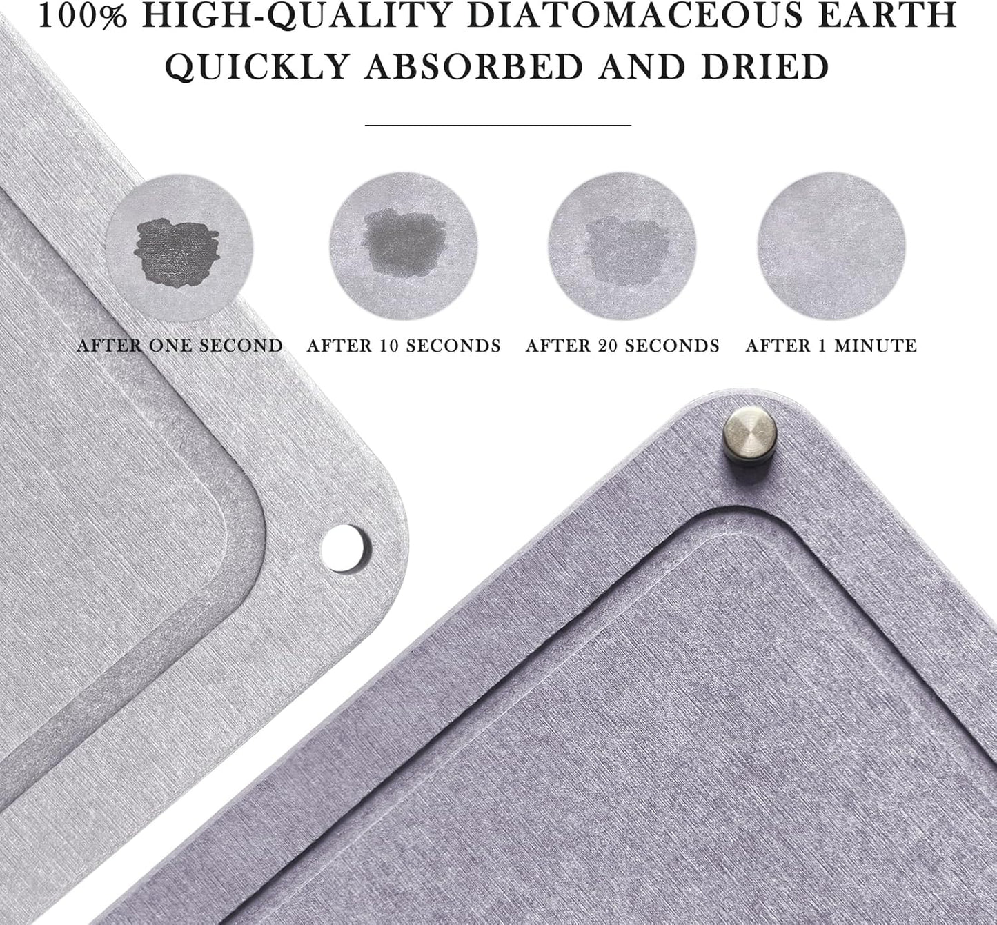 Large Diatomaceous Earth Stone Dish Drying Mats for Kitchen Counter,24"×16",Quick Drying,with 4 Non-Slip Stainless Steel Feet, Suitable for Various Countertops, Bowl Racks, Medium Gray