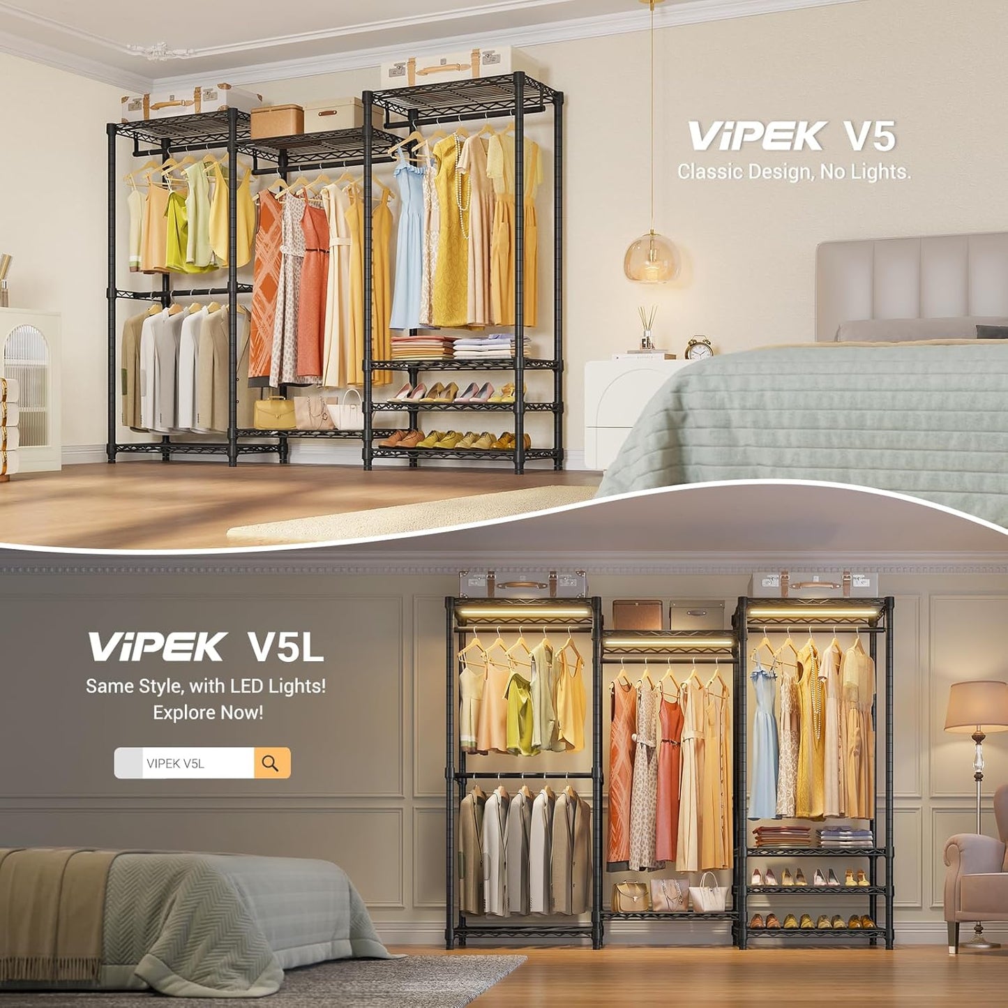 VIPEK V5 Portable Closet Wardrobe Heavy Duty Clothes Rack, Freestanding Clothing Rack with 4 Hang Rods & 8 Shelves, Adjustable Closet Racks, 68.9" L x 15.7" W x 76.4" H, Max Load 890LBS, Black