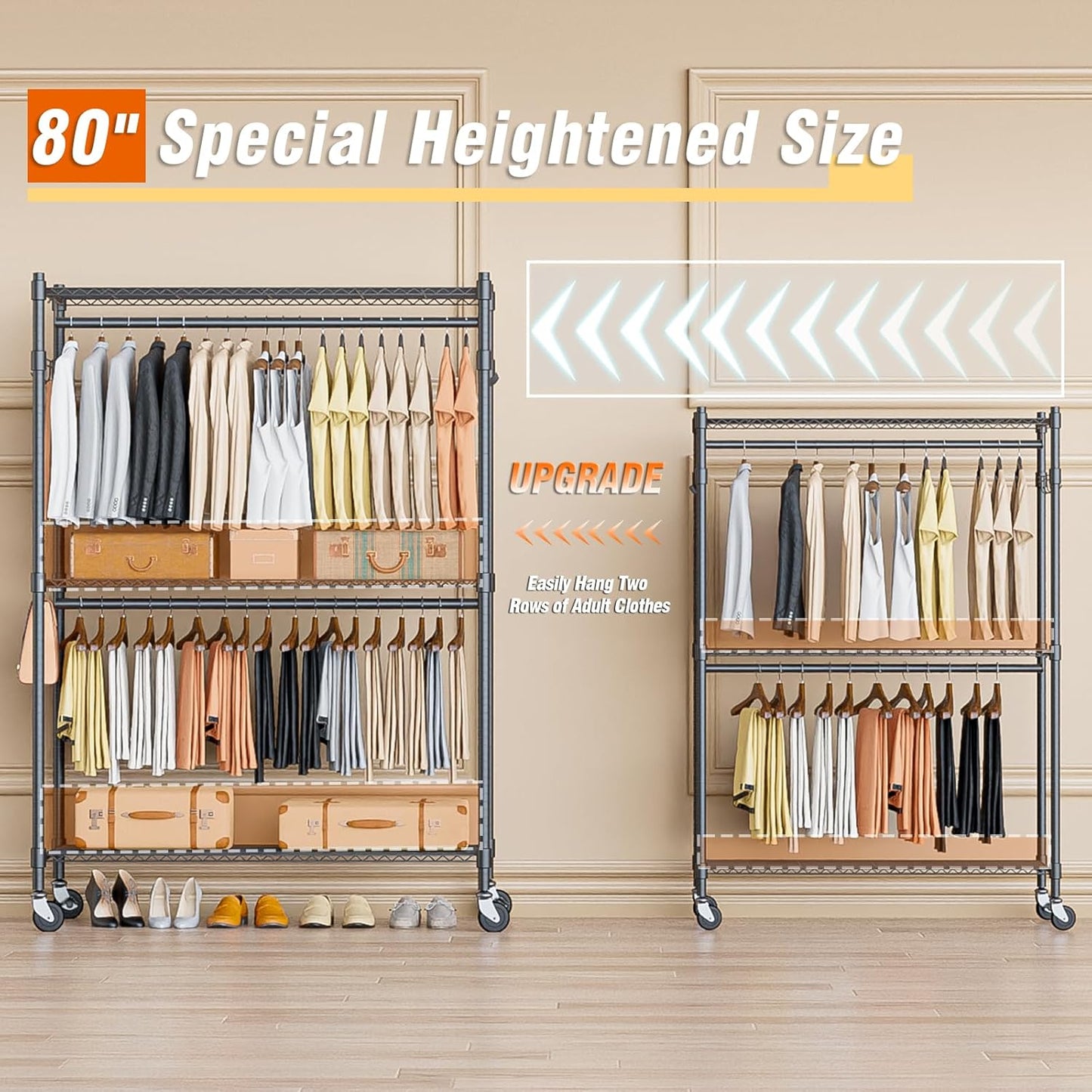 Homdox Heavy Duty Rolling Clothing Rack, Adjustable Garment Rack with 3 Tier Storage Shelves, Freestanding Closet Wardrobe for Hanging Clothes with Side Hooks, Gray