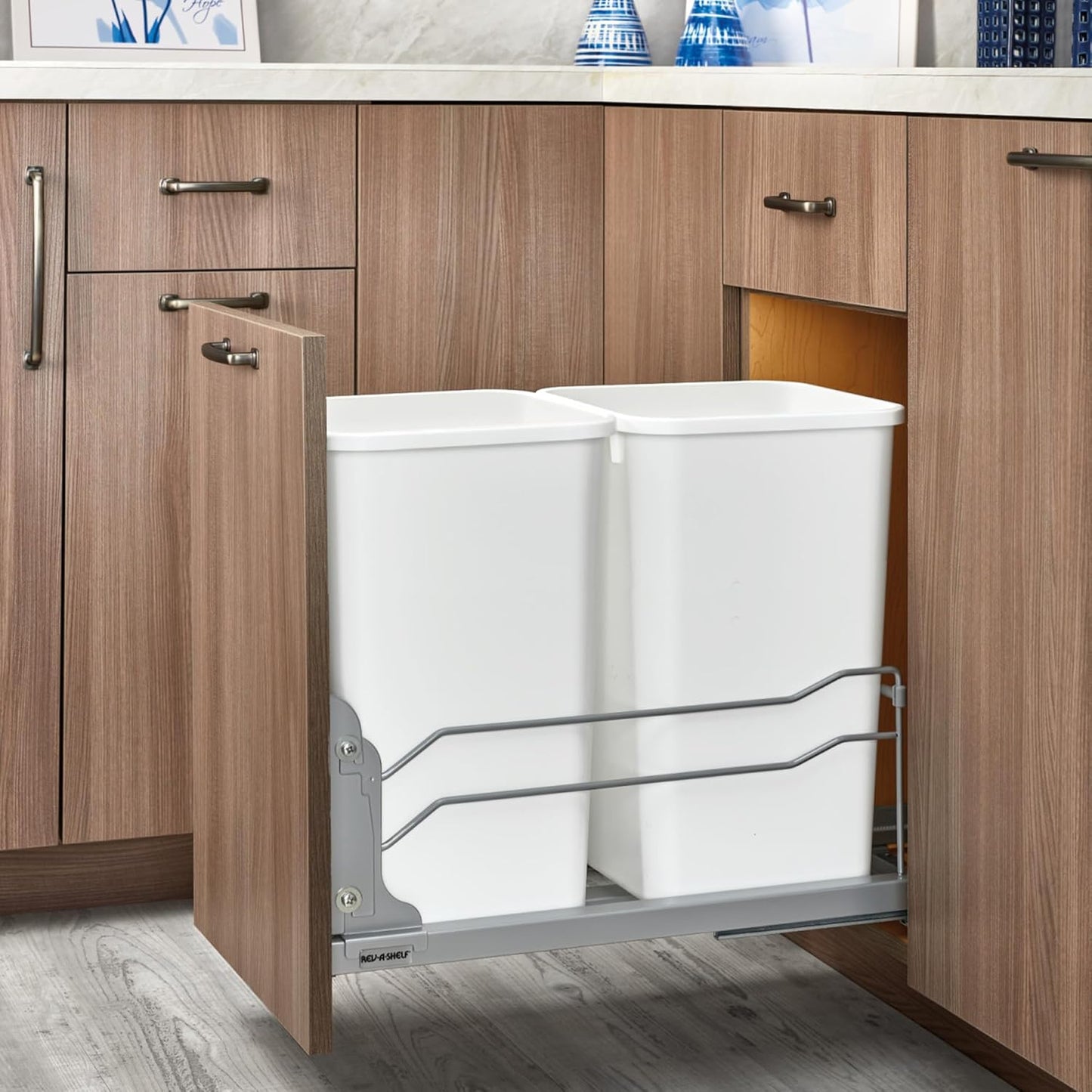 Rev-A-Shelf Double Pullout Trash Can for Base Kitchen Cabinets 27 Quart 12.5 Gallon with Soft-Close Slides, Metallic Silver, 53WC-1527SCDM-217