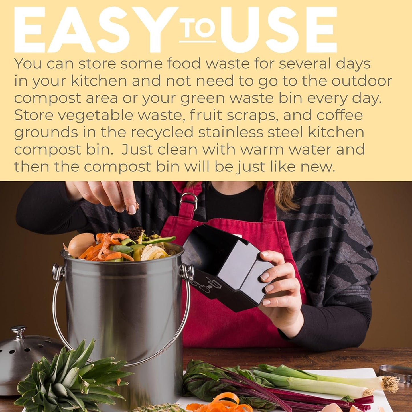 EPICA Countertop Compost Bin Kitchen | 1.3 Gallon | Odorless Composting Bin with Carbon Filters | Indoor Compost Bin with Lid | Stainless Steel Kitchen Composter for Food Scraps & Waste Recycling