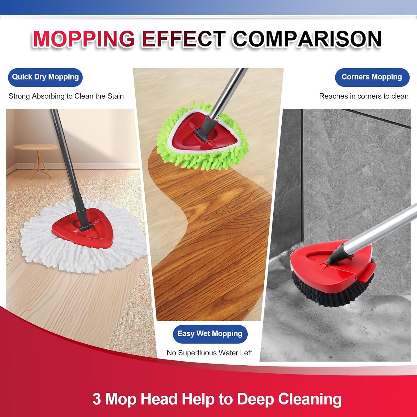 Upgraded Scrub Brush Compatible with O-Cedar EasyWring 1 System 7 Pack Triangle Mop Reusable Mop Pads Mop Head Mop Replacement Set with Base for Deep Clean White and Green