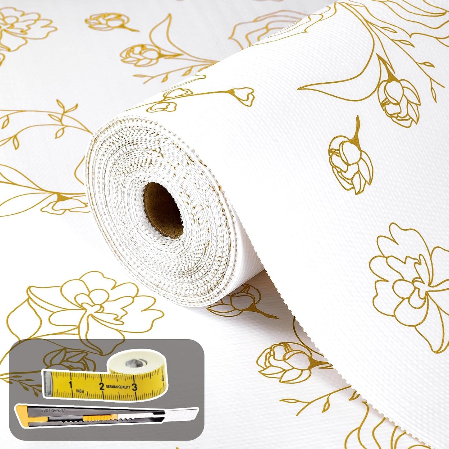 Shelf Liners for Kitchen Cabinets 12in x 10FT Non Adhesive Drawer Liner Gold Floral Thickened Shelf Liner Paper Strong Non-Slip Easy to Clean for Tool Box Refrigerator with Knife and Tape Measure