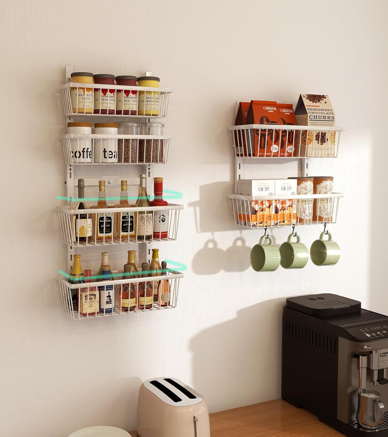 White 12 Inch Wide Narrow Over The Door Pantry Organizer, Pantry Organization and Storage, 8-Tier Metal Hanging Deep Basket Wall Spice Rack Seasoning Shelves, Home & Kitchen Essentials