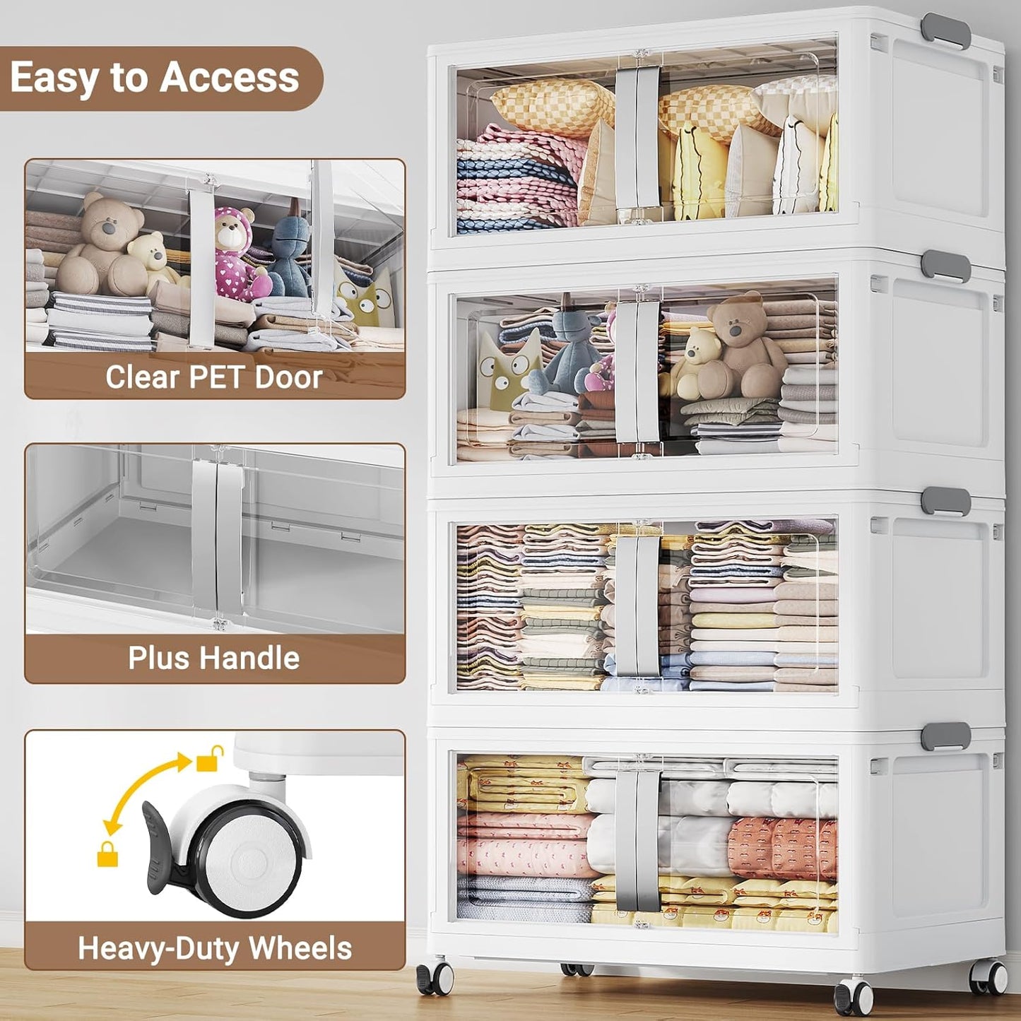 BROVIEW 160QT Stackable Storage Bins with Lids, 40Gal Extra Large Collapsible Storage Box with Wheel, Plastic Storages with Clear Door Open Front for Home Kitchen Garage, White-1pack(1 lid)
