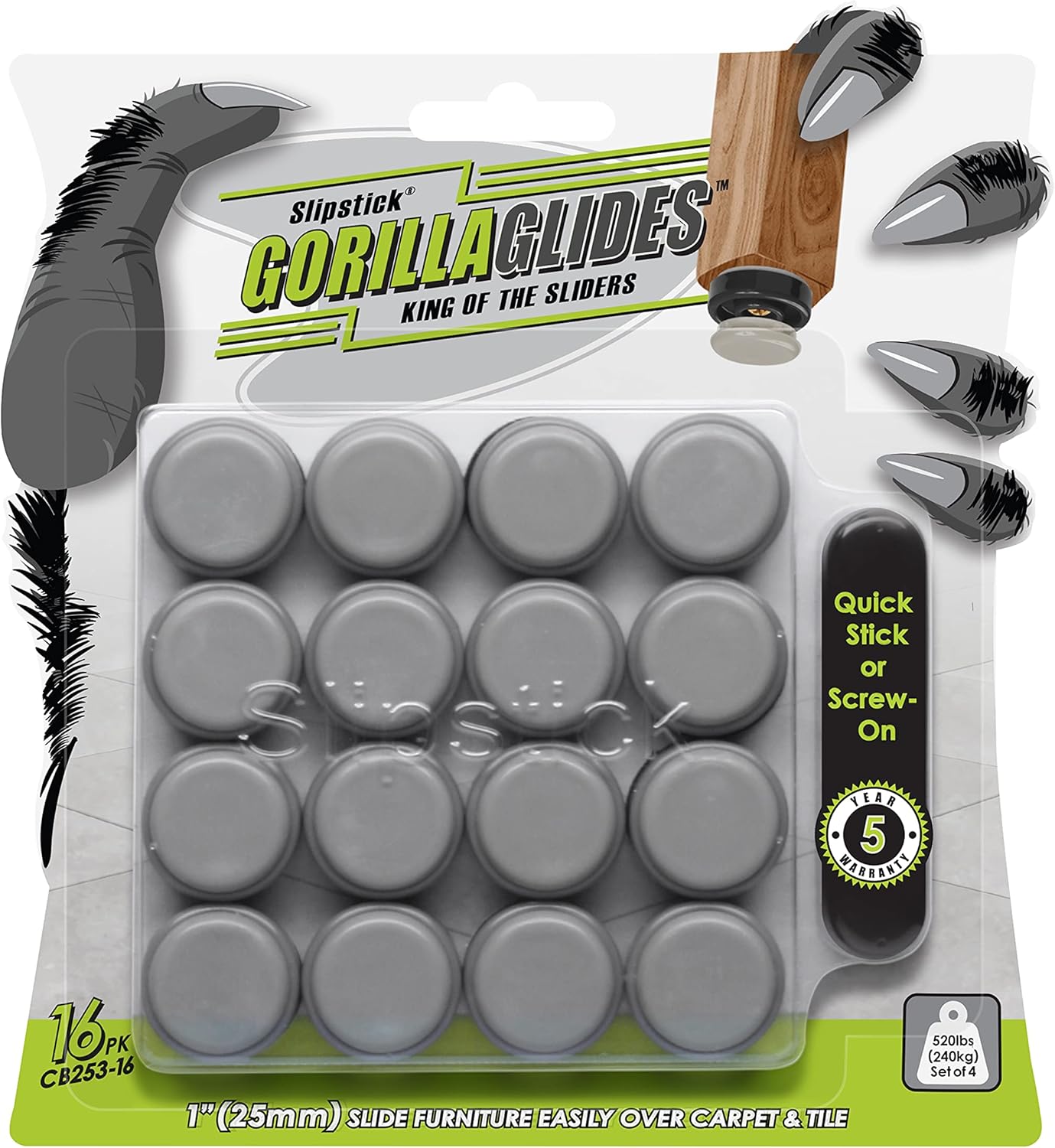 GorillaGlides 1 Inch Chair Sliders/Furniture Floor Protectors (16 Furniture Glides) Self-Adhesive Screw On Chair Glides for Sliding on Low-Pile Carpet & Hard Surface Floors, Round
