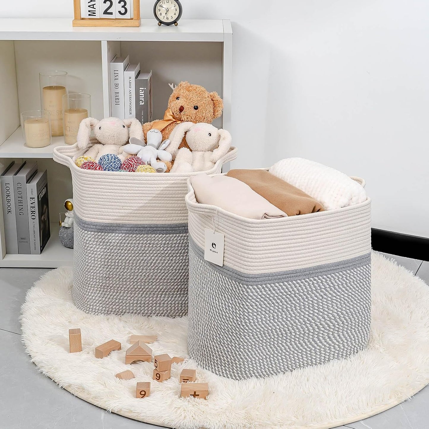 Storage Baskets for Clothes Fabric Cotton Rope Storage Basket with Handles, Decorative Woven Basket for Living Room,Closet Organizer Blankets, and 2bags (White/Gray, L17.8×W12.5×H17.9)