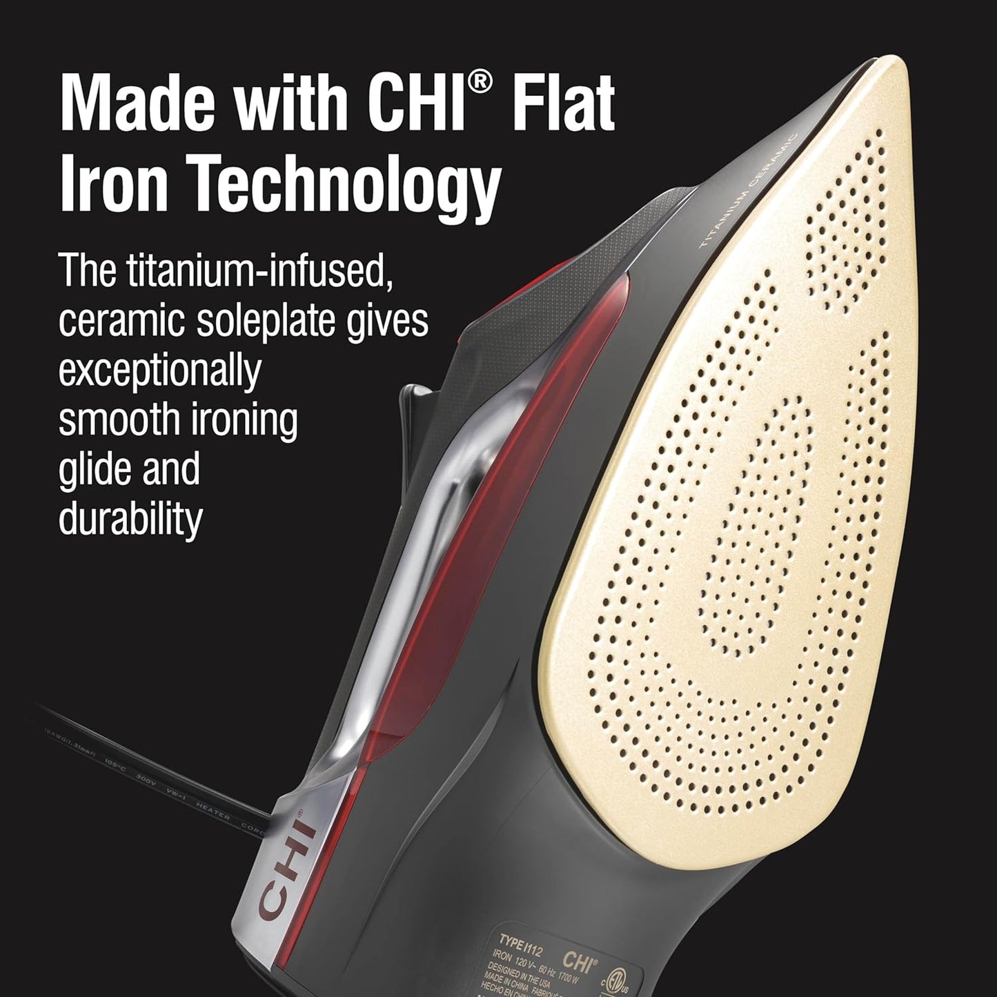 CHI Steam Iron for Clothes with 8’ Retractable Cord, 1700 Watts, 3-Way Auto Shutoff, 400+ Holes, Professional Grade, Temperature Control Dial, Titanium Infused Ceramic Soleplate, Silver (13106)