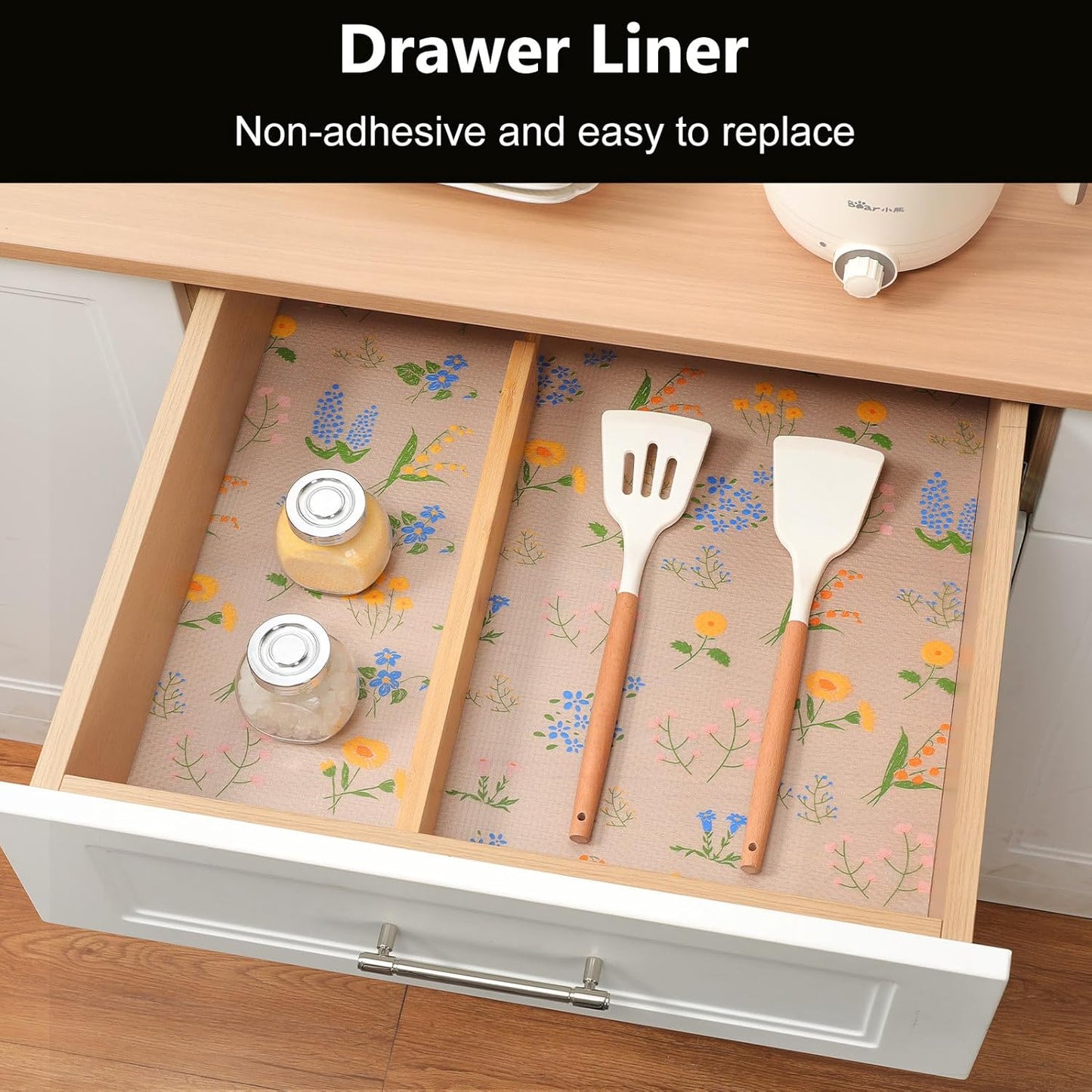 INNOLITES Non-Slip Shelf Liner – Cabinet & Drawer Liner Non-Adhesive – Waterproof Oil-Proof – Durable EVA with Floral for Kitchen Cabinets Refrigerator – BPA-Free, Easy to Cut 17.7" x 360"
