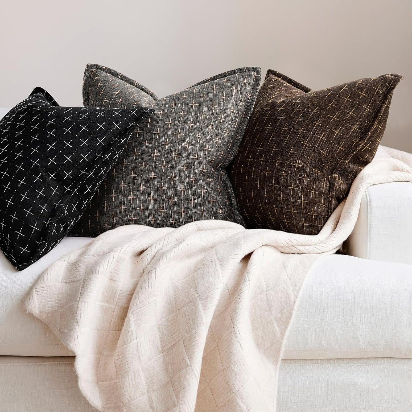ZWJD Pillow Covers 16x16 Set of 2 Soft Polyester Textured Pillow Covers with Stylish Flange Edge Cozy Farmhouse Throw Pillows for Couch Bed Sofa Living Room