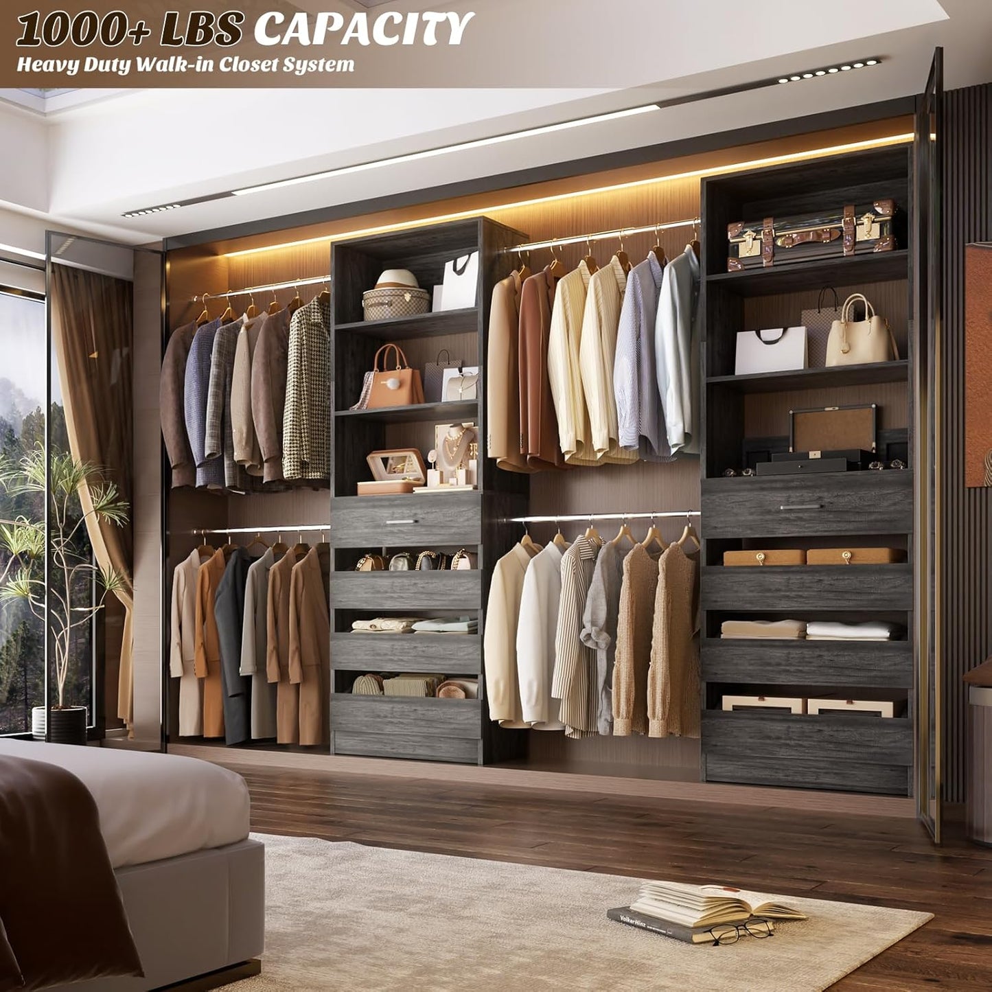 Aheaplus Closet System, 4-9 Ft Closet Organizer with 4 Wooden Drawers, Wood Closet Organizer System with Tower, Walk-in Closet Organizer Wardrobe Clothes Rack with 4 Hanging Rods, Black Oak