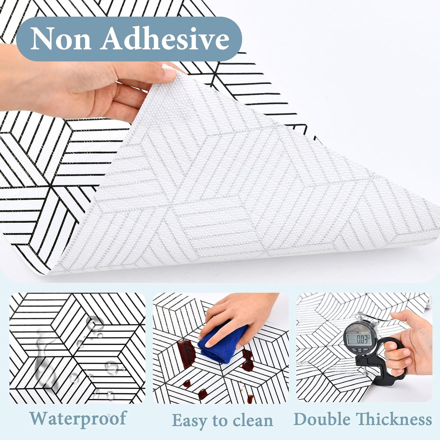 Shelf Liners for Kitchen Cabinets Non Adhesive Shelf Liner Paper Non-Slip Thickened Drawer Liner Easy to Clean for Tool Box Refrigerator with Knife and Tape Measure, Black Geometric, 17.3 x 354.3 in