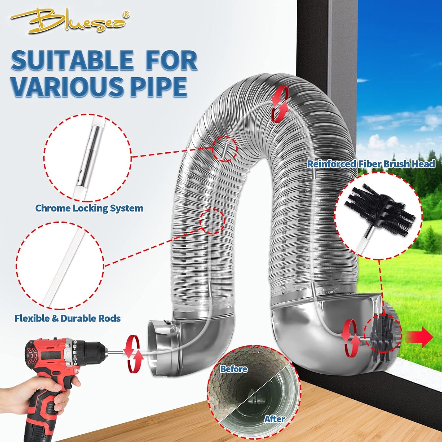 Bluesea 7 Pieces 40 Feet Dryer Vent Cleaner Kit, Reinforced Nylon Dryer Vent Cleaning Kit, Durable Dryer Vent Brush Vacuum Attachment with Flexible Lint Trap Brush, Vacuum & Dryer Adapters Upgrade