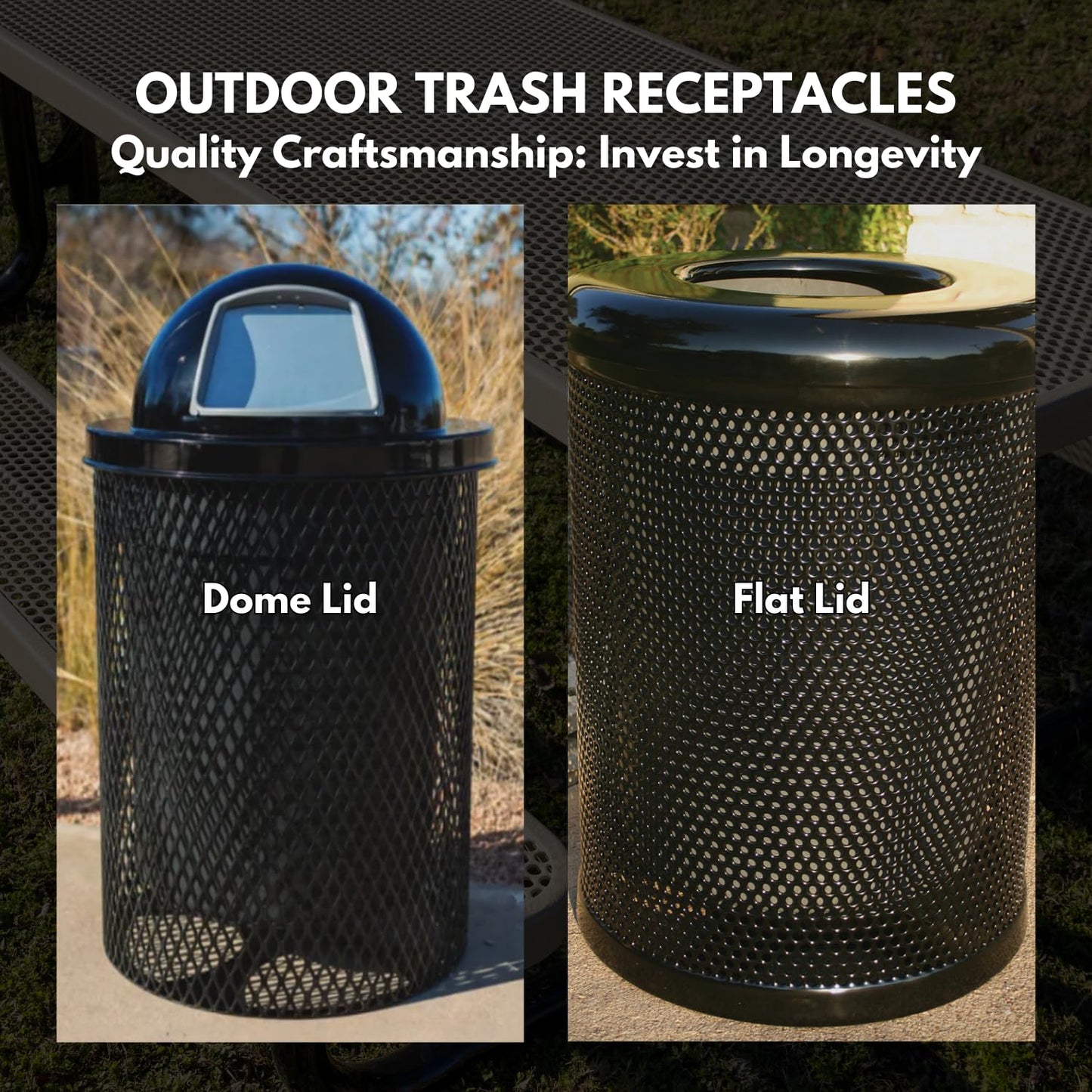 COATEDOUTDOORFURNITURE RFT-P-Gry Heavy Duty Round Trash Receptacle with Flat Top, Liner Included, 32 Gallon, Gray, Made in America