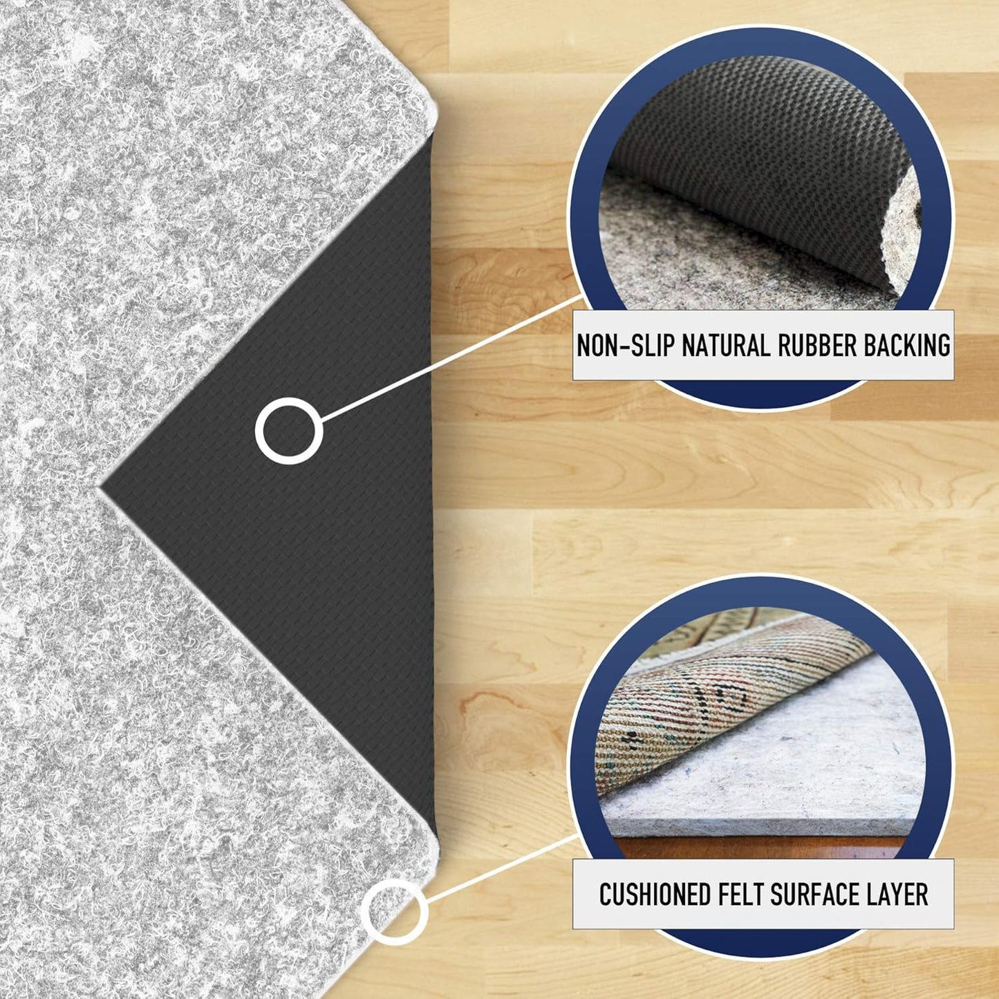 RUGPADUSA - Dual Surface - 3'x5' - 1/4" Thick - Felt + Rubber - Non-Slip Backing Rug Pad - Safe for All Floors