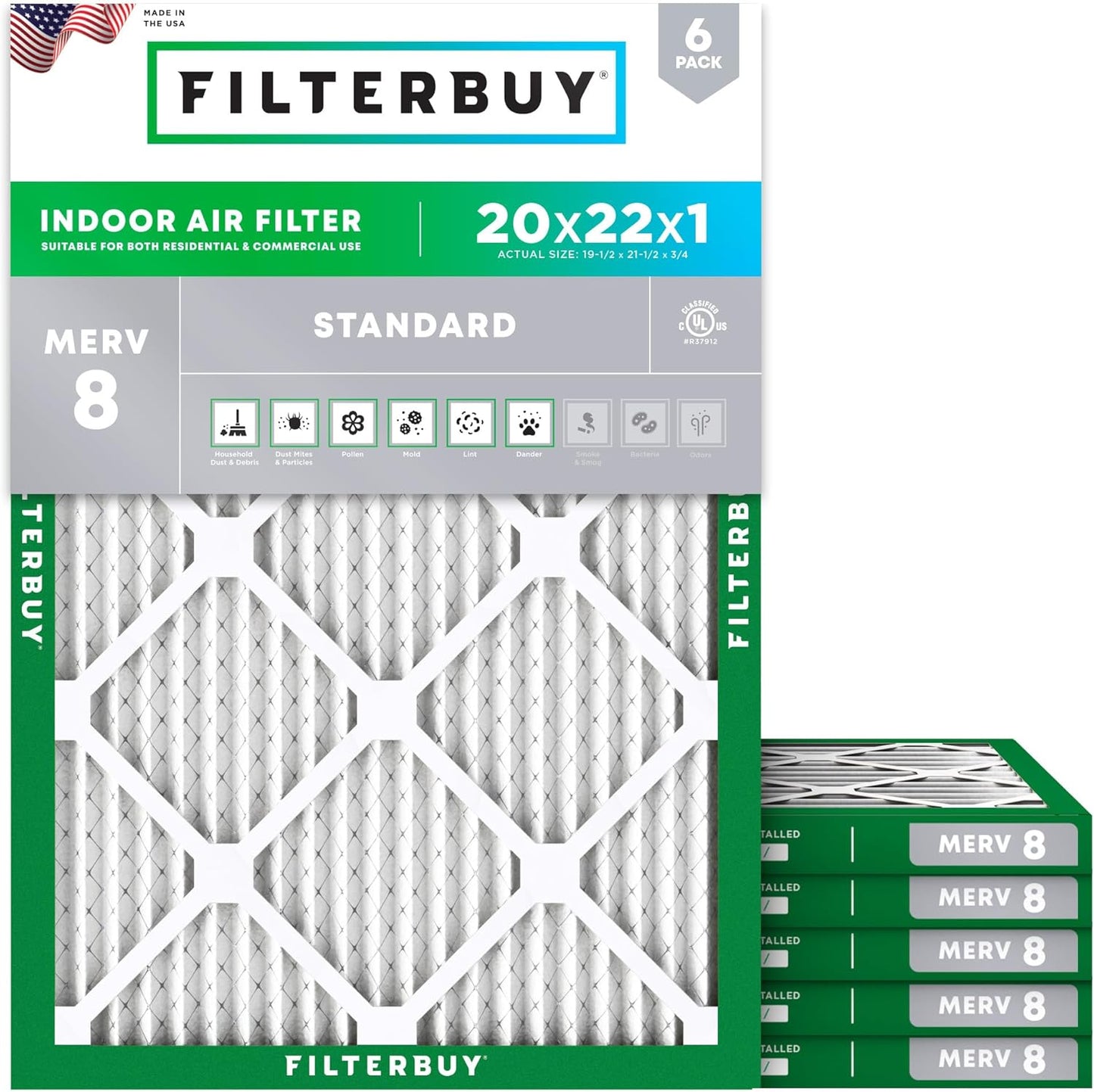 Filterbuy 20x22x1 Air Filter MERV 8 (MPR 700) Dust Defense Replacement (6-Pack), Electrostatic Pleated HVAC AC Furnace Filters, Made in USA (Actual Size: 19.50 x 21.50 x 0.75)