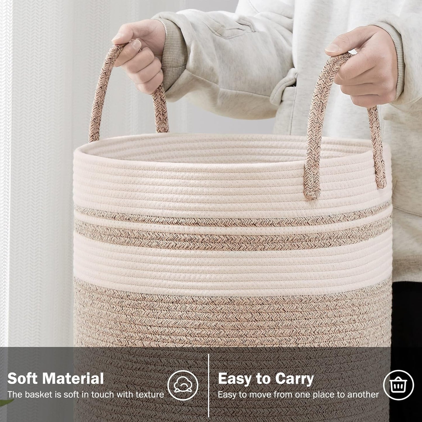 YOUDENOVA Woven Rope Laundry Hamper Basket, 100L Tall Laundry Basket, Baby Nursery Hamper for Blanket Storage, Clothes Hamper for Laundry in Bedroom-Extra Large-Brown