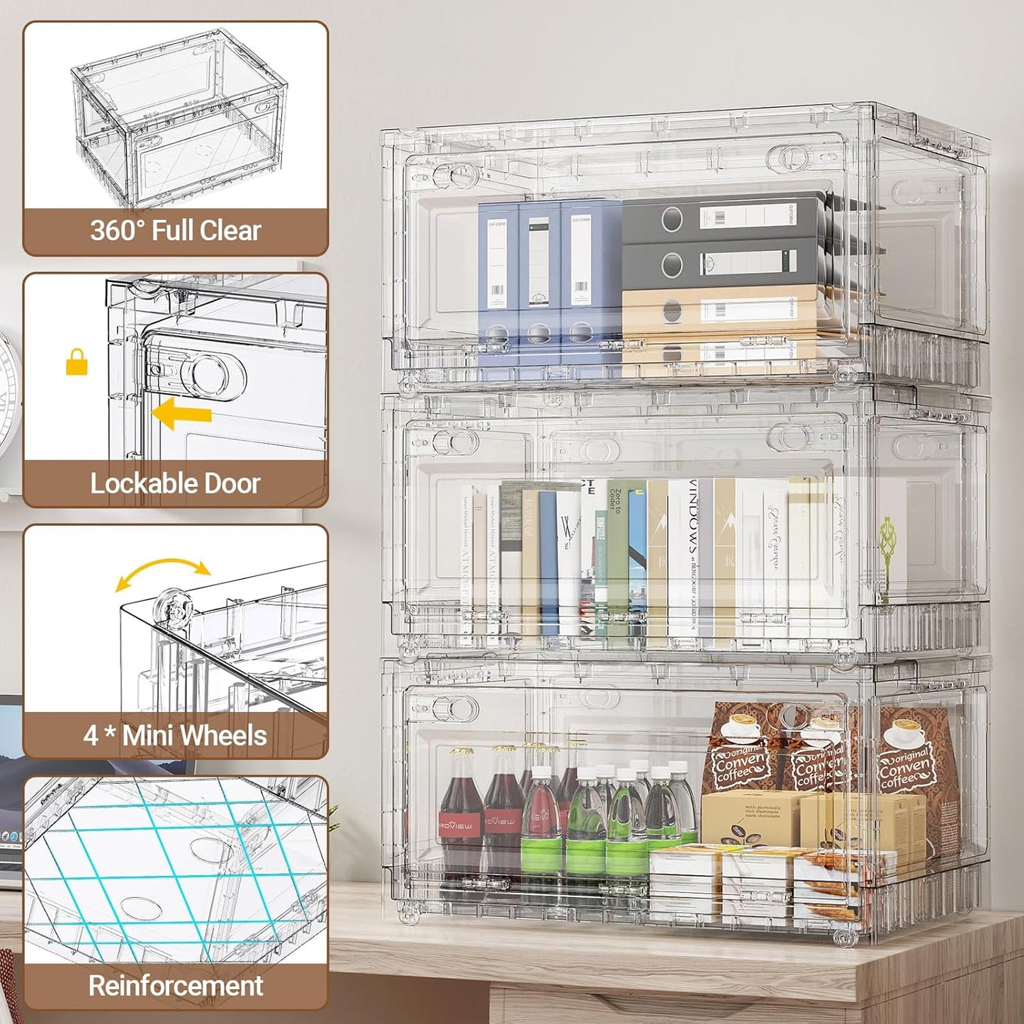 BROVIEW Clear Stackable Storage Bins Drawers, Open Front Large Plastic Storage Bins with Lids, Foldable Closet Organizers and Storage for Wardrobe Cabinets, Pantry, Makeup,2 Pack
