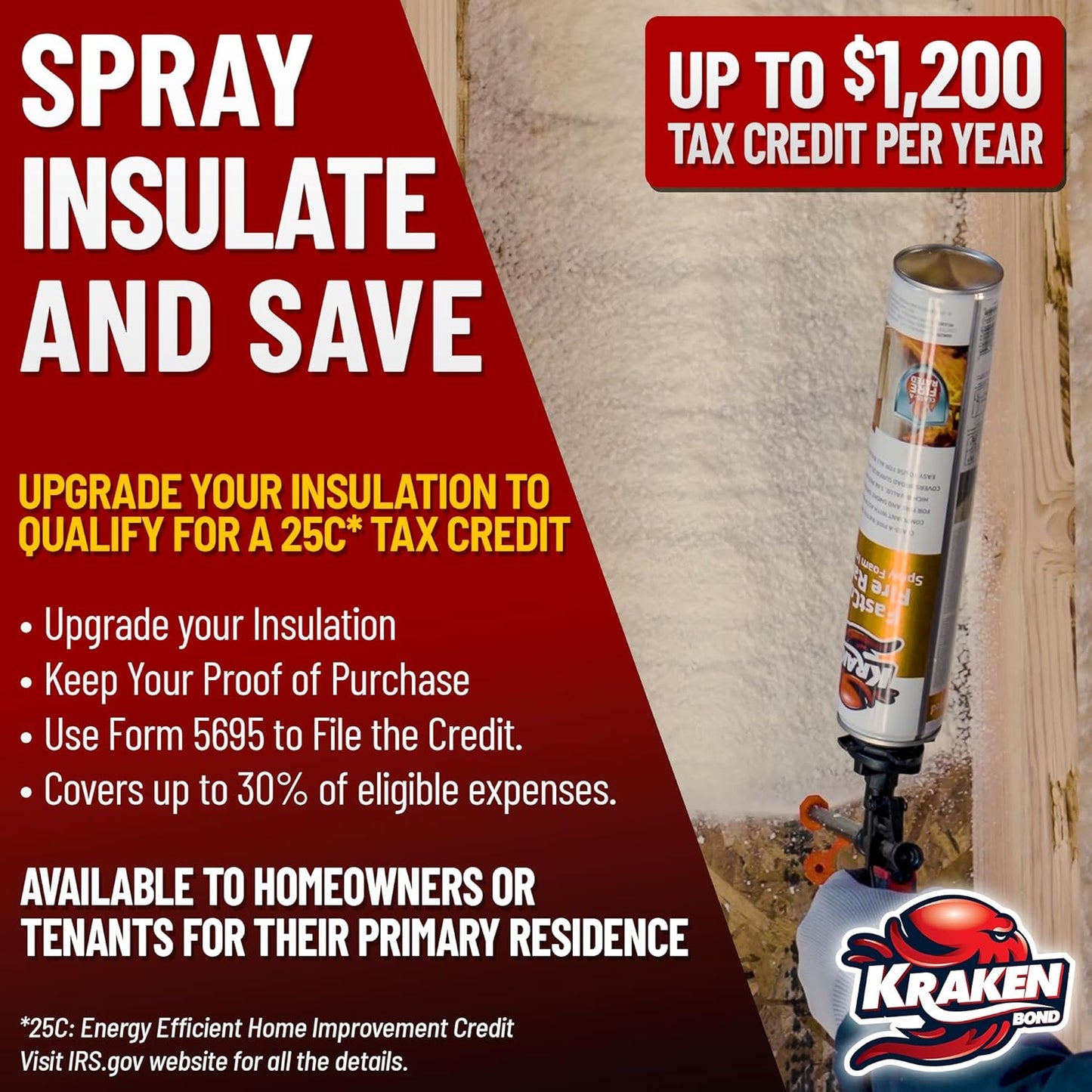 Kraken Bond Fastcoat Fire Rated Spray Foam Insulation Closed Cell in a Can 480 sq ft (24x27.1 oz.) (R-Value 11.32 / 2in) - Spray Foam for Garage Door, Attic, Wall Gun & Cleaner Included, 24 Pack