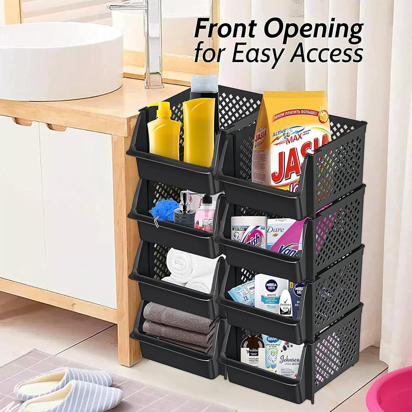 Skywin TidyFriend Stackable Storage Bins for Pantry Organizers and Storage 12 Pack, Pantry Storage for Food, Kitchen and Home Organization (Black)