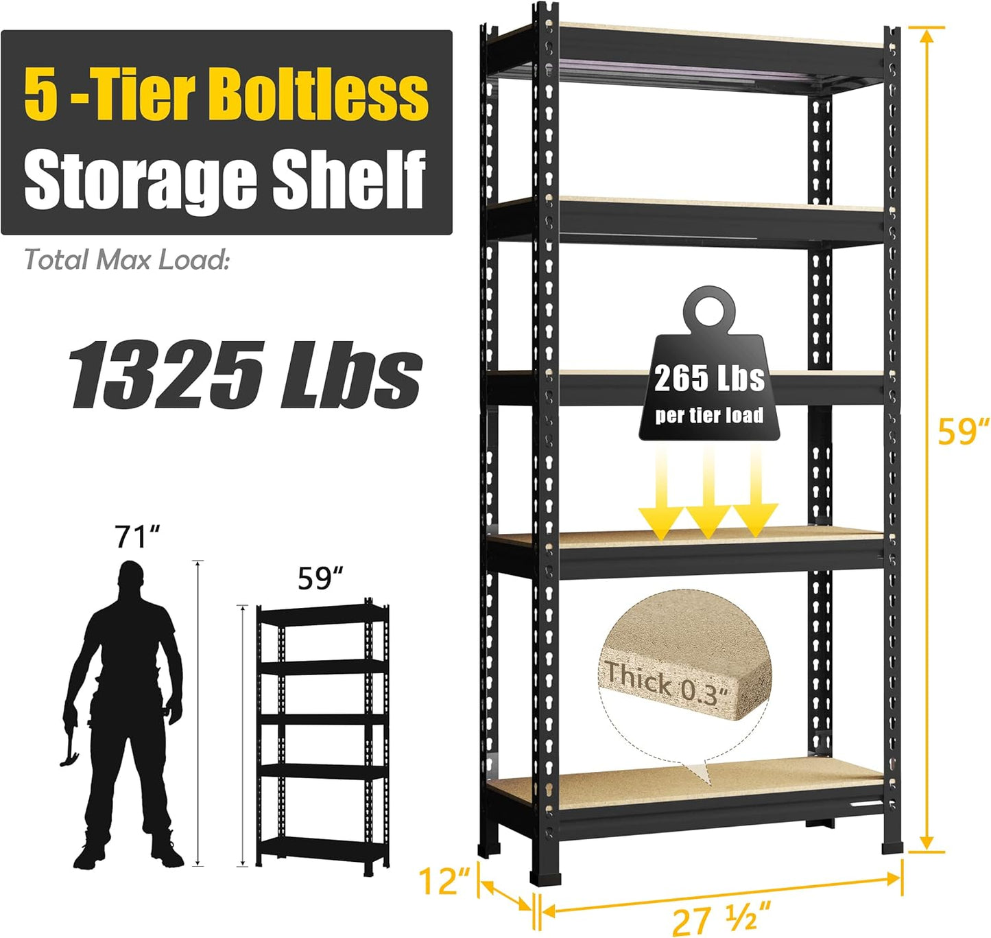 PrimeZone Storage Shelves 4 Pack 5 Tier Adjustable Garage Storage Shelving, Heavy Duty Metal Storage Utility Rack Shelf Unit for Warehouse Pantry Closet Kitchen, Black