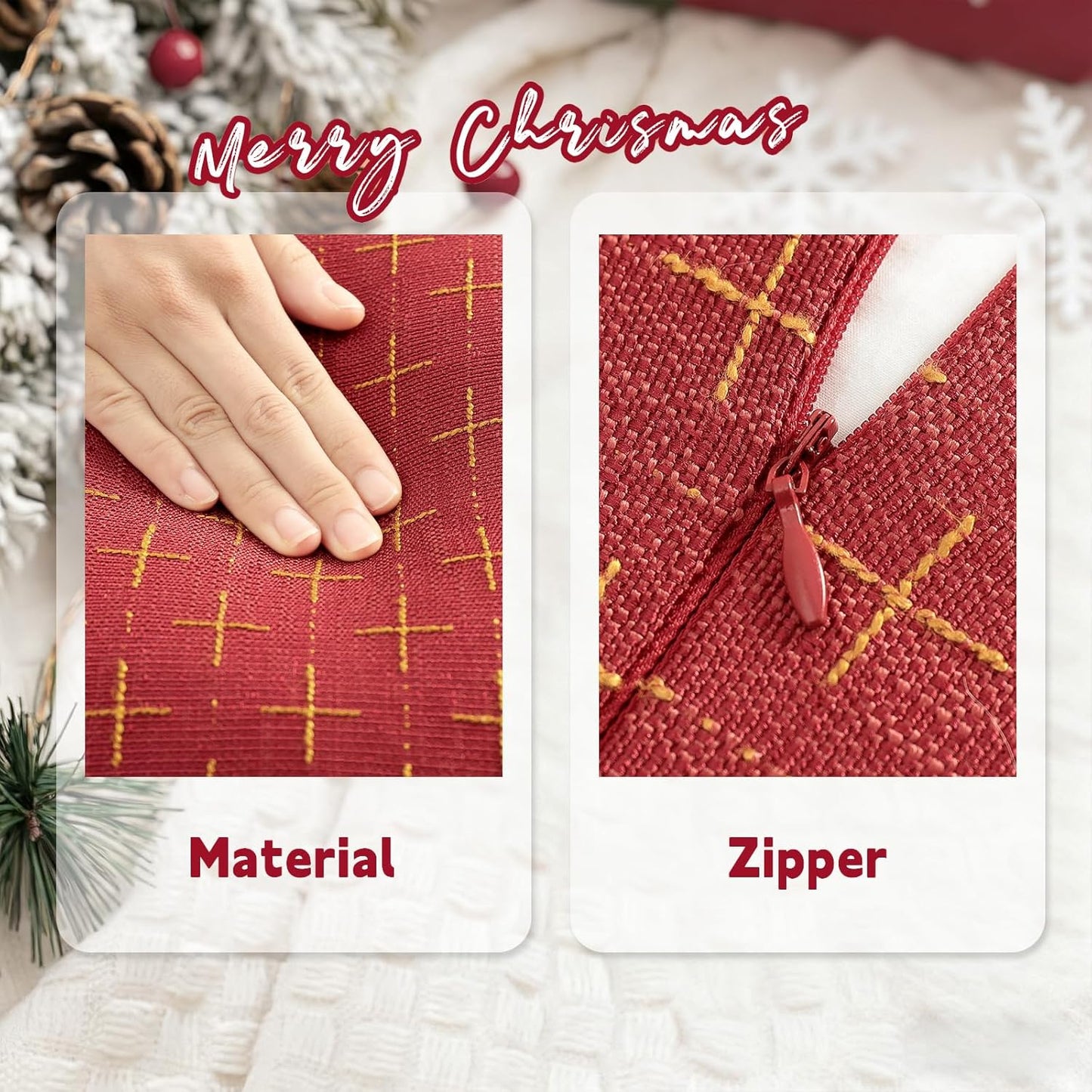 ZWJD Christmas Pillow Covers 16x16 Set of 2 Soft Polyester Textured Pillows with Stylish Flange Edge Cozy Farmhouse Christmas Decor for Couch Bed Sofa Living Room (Red)
