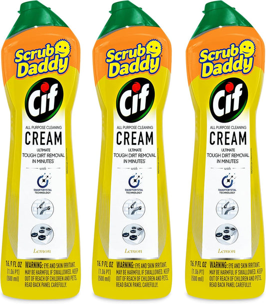 Scrub Daddy Cif Cream All Purpose Cleaner, Lemon - Multi Surface Household Cleaning Cream for Glass, Chrome, Granite, Sink, Gold, Marble & Countertops - 3 Pack (16.9 Oz Each)