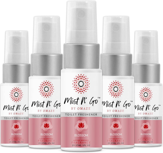 Mist N’ Go by Omaze Travel Bathroom Spray for Toilet Spray Odor Eliminator - Travel Toilet Spray for Bathroom Air Freshener Spray for Bathroom Deodorizer - Blossom Travel Size (1oz x5)
