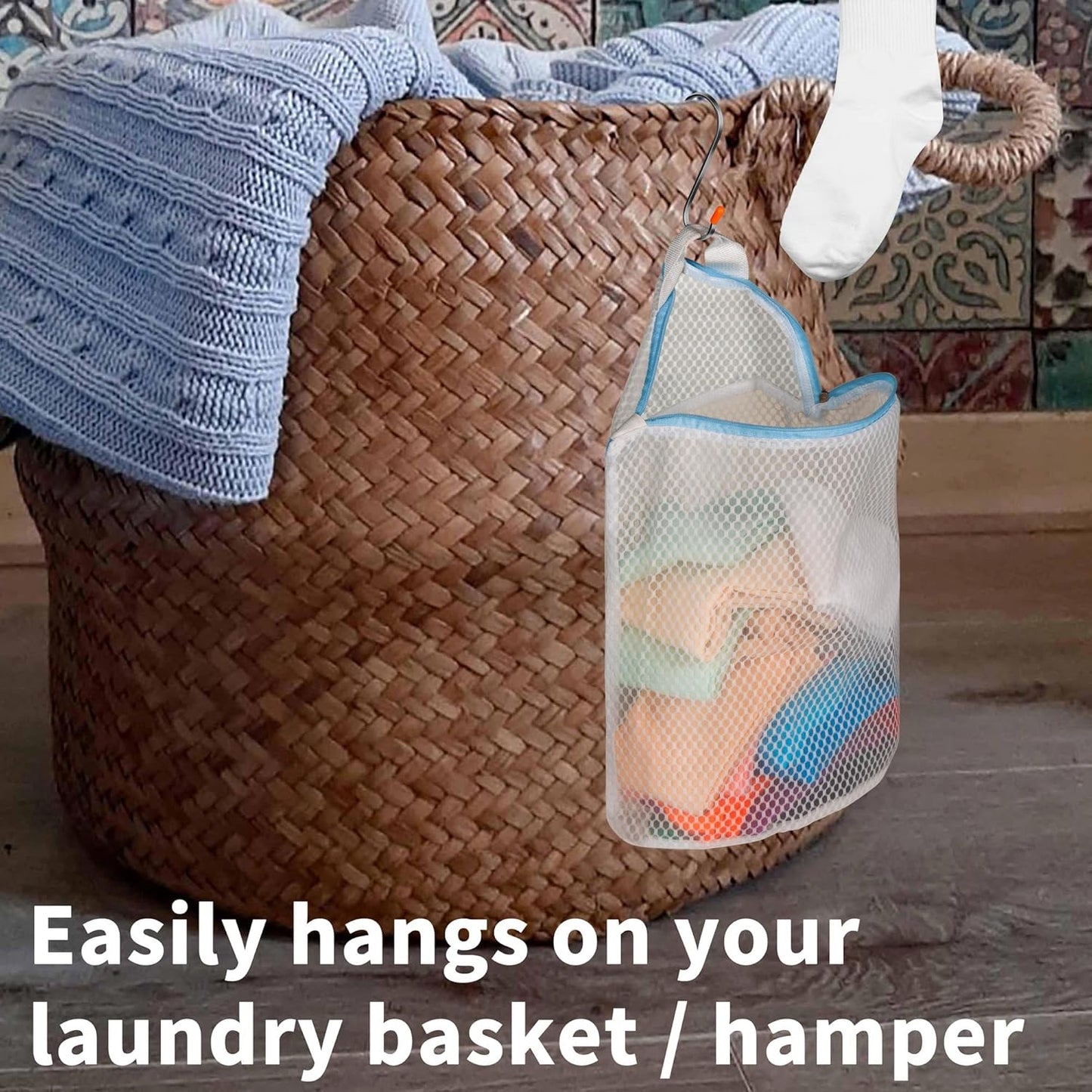 3Pcs Hanging Laundry Bags for Socks with S Hooks, 12 X 10 inch 3 Color Mesh Laundry Bags for Washing Machine