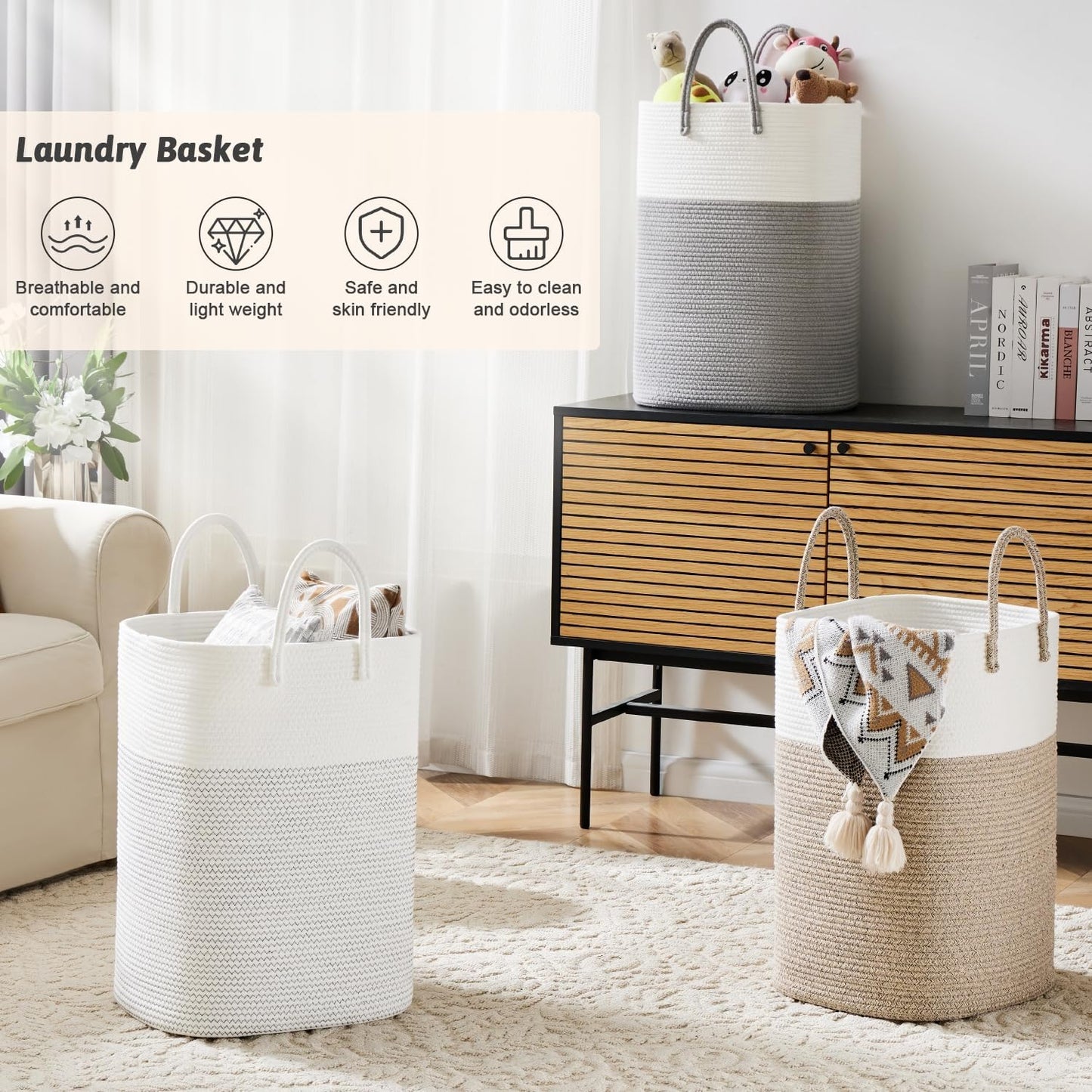 Laundry Basket,Woven Cotton Rope Laundry Hamper,Versatile Storage for Dirty Clothes,Baby Toys,and Blankets in Bathroom, Nursery,and Living Room (Brown, 80L)