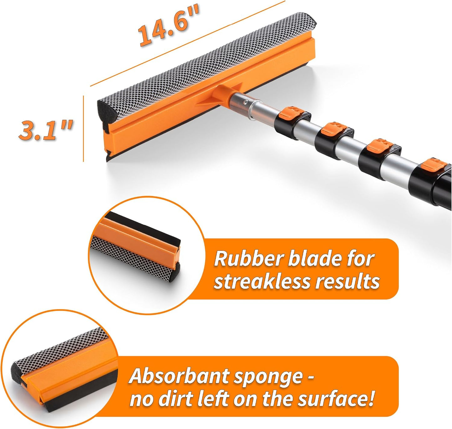 5-24 ft Window Washer Squeegee Kit with Extension Pole (30+ Foot Reach) // Long Handle Squeegee for Window Cleaning & Car Cleaning Multi-Use//Telescopic Professional Window Cleaning Squeegee for Home