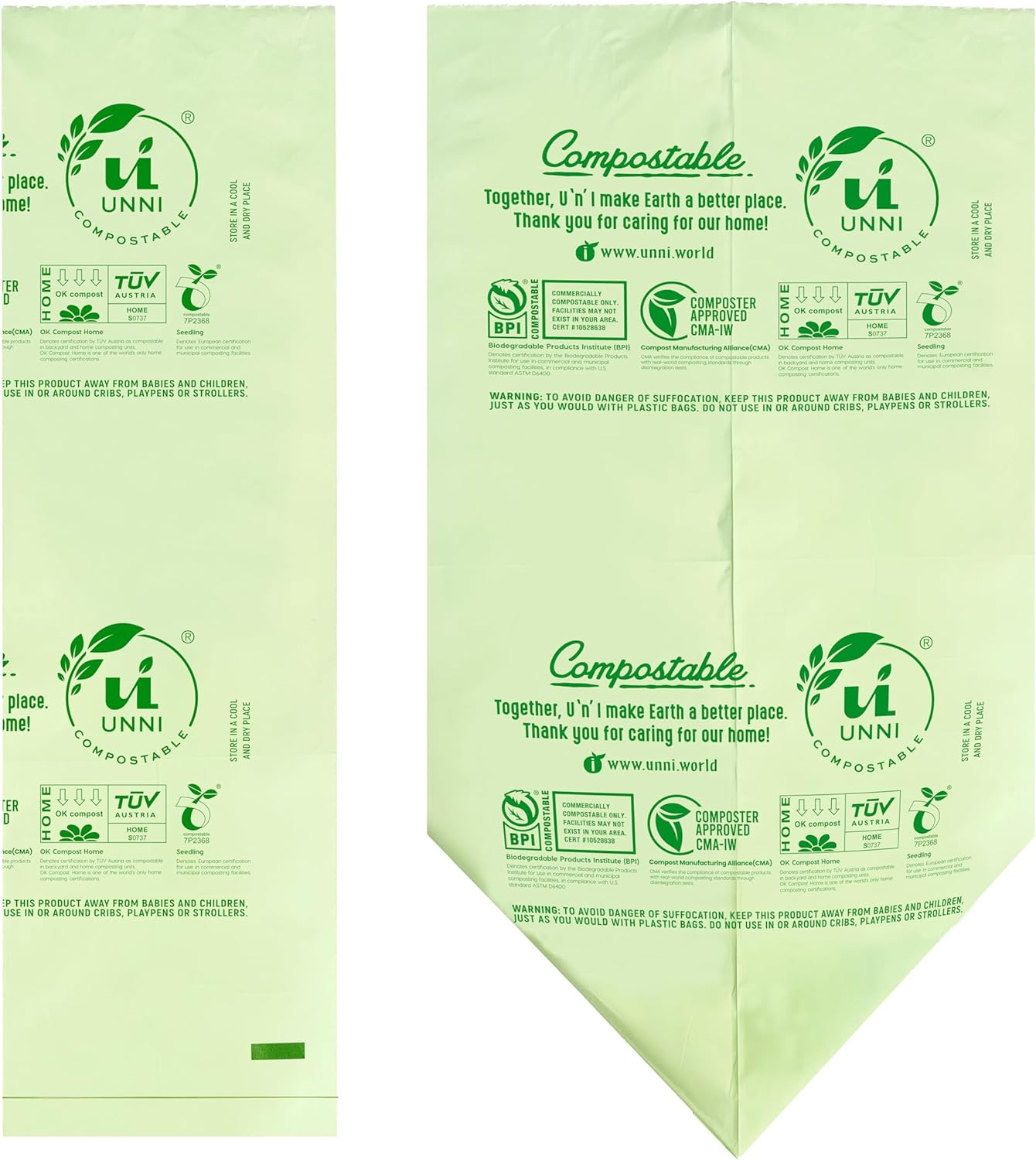 UNNI Compostable Trash Bags, 8 Gallon / 30 Liter, 400 Count Value Pack, Extra Thick 0.85 mil Medium Kitchen Food Scrap Bin Liners, BPI, CMA & OK compost HOME Certified, Meets ASTM D6400