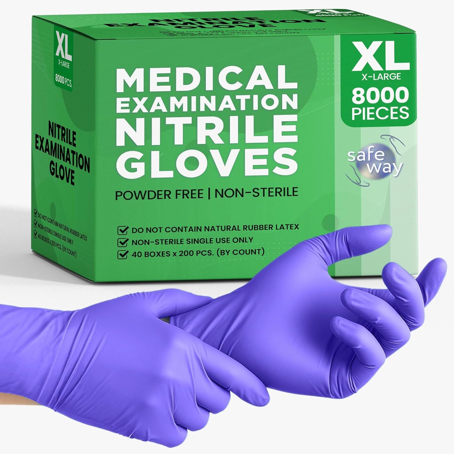 SafeWay Nitrile Disposable Gloves — Multi-Purpose Powder-Free, Non-Latex, Medical Use, and Textured Fingertips for Food Prep, Cleaning, Tattoo, Nursing, Lab, Examination, & More — (8000pcs, X-Large)