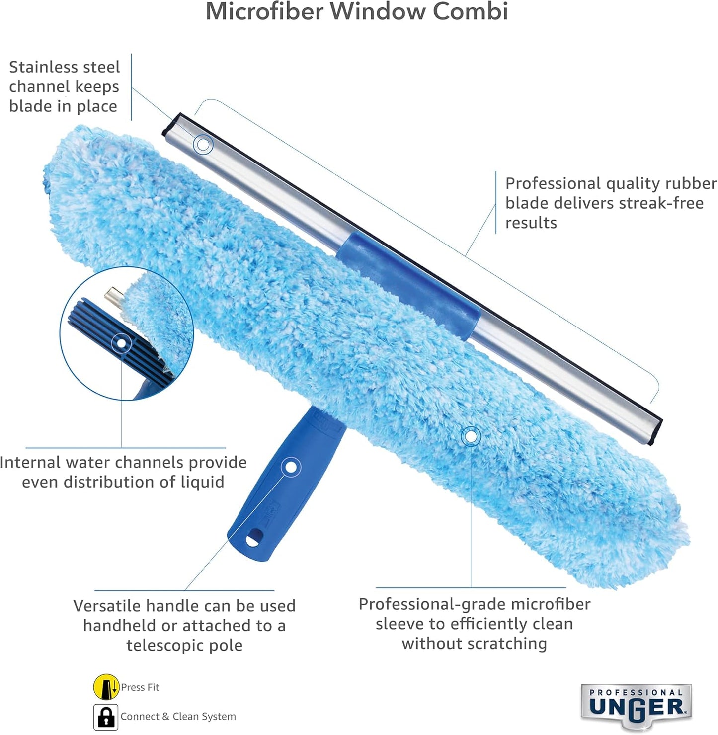 Unger Professional 2-in-1 Squeegee and Scrubber, 14” Window Cleaning Tool with Streak-Free Results, Commercial and Residential Use, Microfiber Sleeve to Clean without Scratching