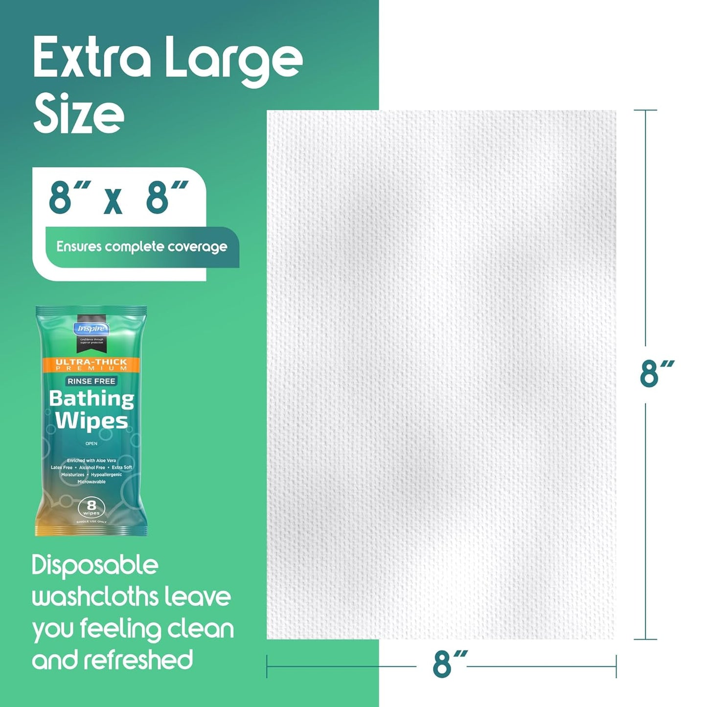 Inspire Ultra Thick Rinse Free Body Wipes, Bathing Wipes, Rinse Free Wet Wipes, Thick Strong Extra Large With Aloe Vera Enriched