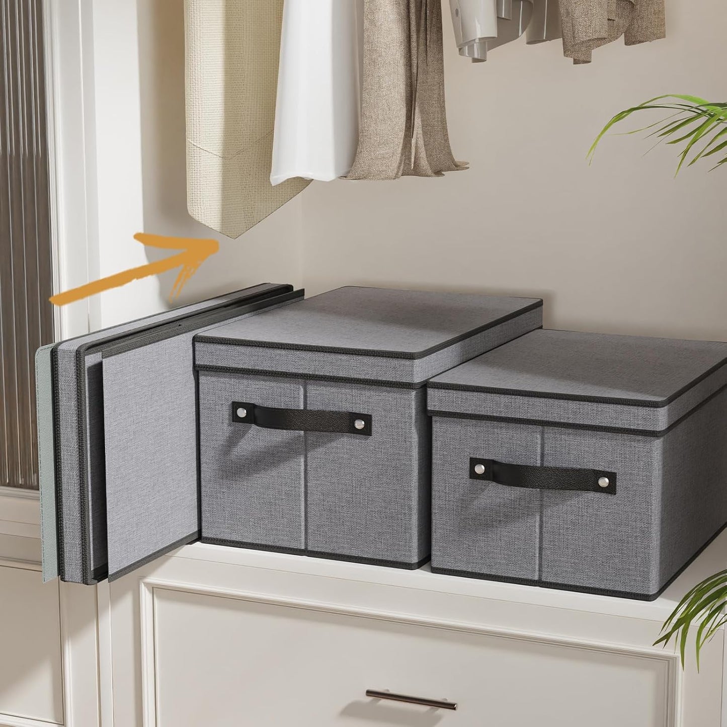 Clothing Storage Bins, Blanket Baskets for Shelves, Fabric Cubes with Handles and Lids, Decorative Linen Closet Organizers Boxes, Gray, 5 Pack, 16.5 x 11.8 x 10.2 Inch