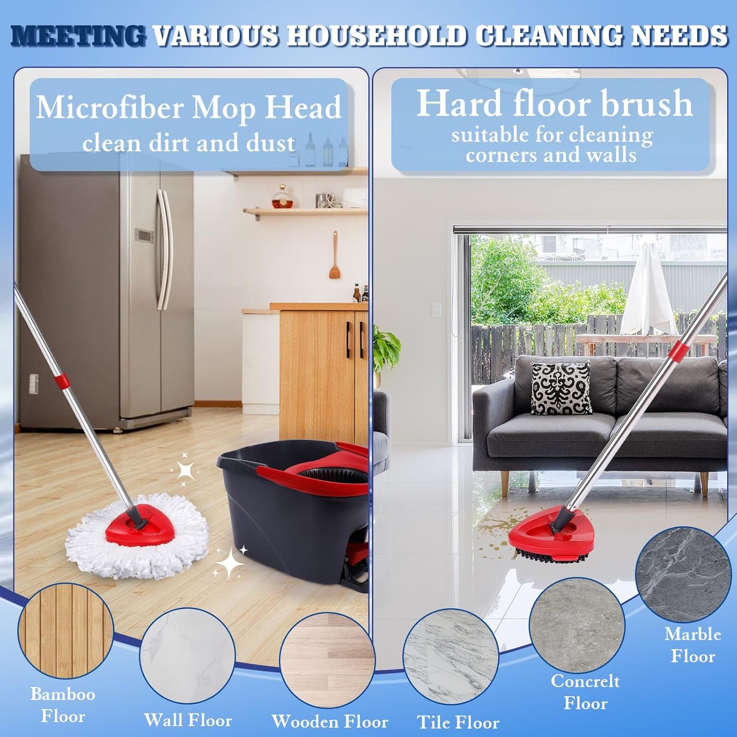 4 Pack Spin Mop Replacements Head Compatible with Oceda EasyWring 1-Tank System,Microfiber Spin Mop Refills Head,1 Mop Scrub Brush + 1 Mop Base + 4 Pack Cleaning Floor Mop Head（White)