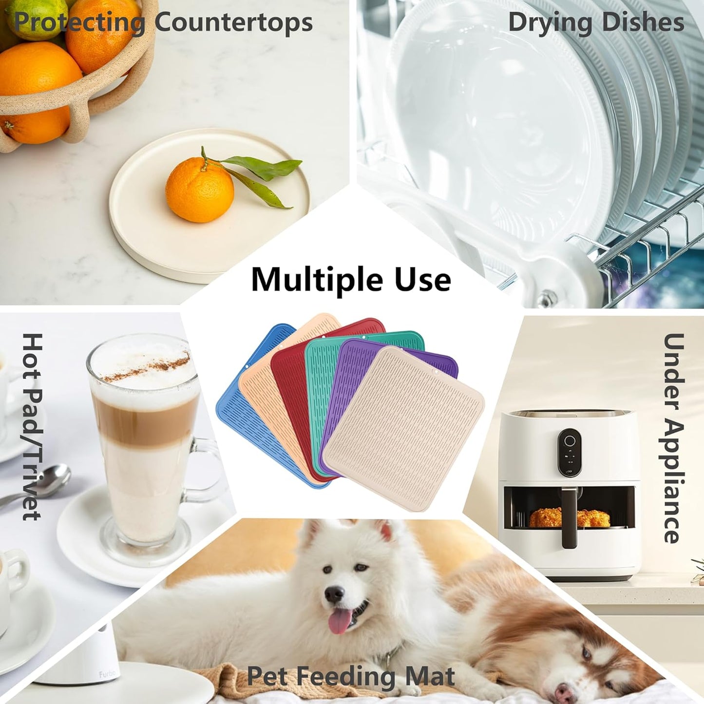 ZLR Silicone Dish Drying Mat for Kitchen Counter, Eco-Friendly Fast Dry Dish Mat, Easy Clean Multi Usage Drying Matt, Heat Resistant Trivet, 16" x 18" XL, Midnight Blue