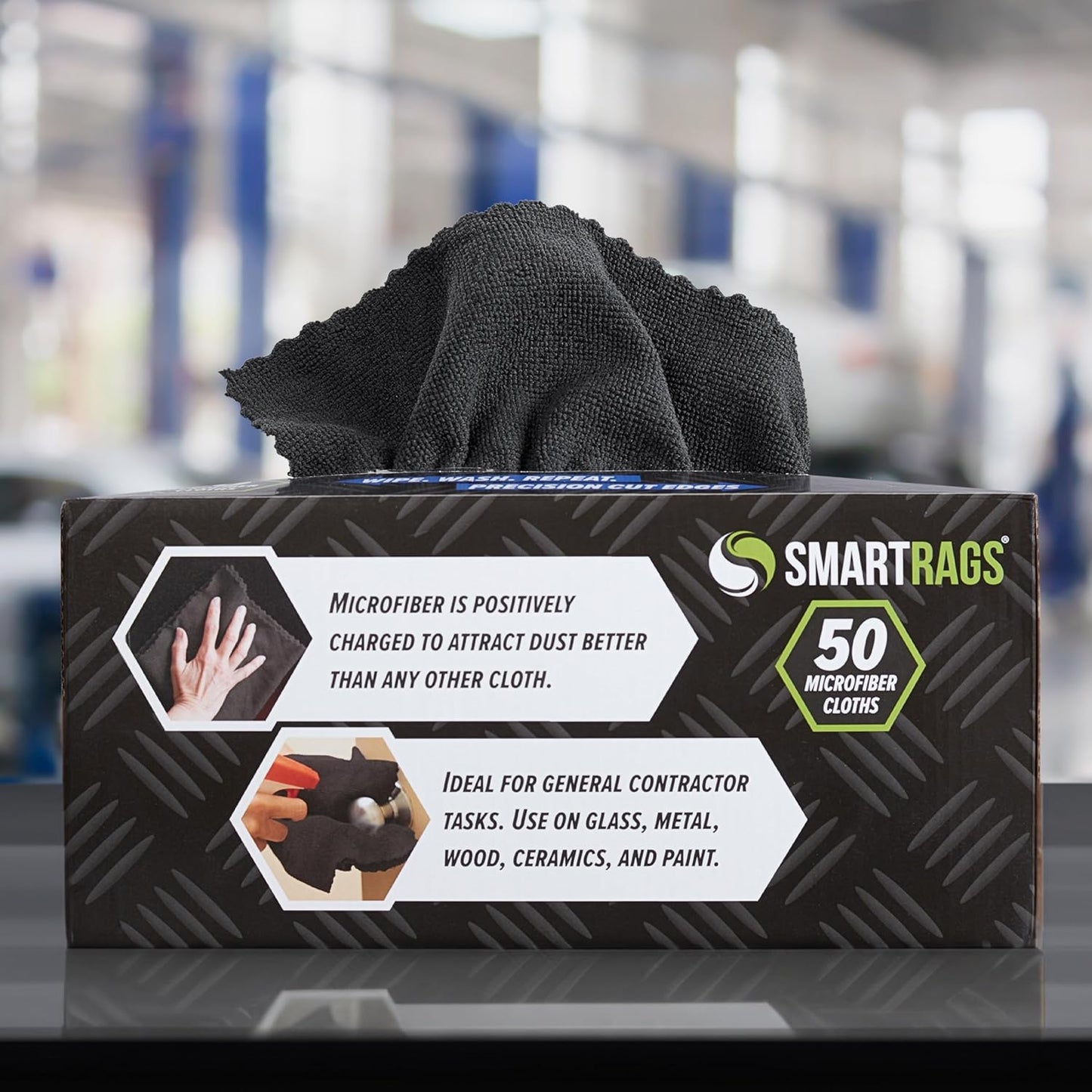 Arkwright Smart Rags in Box - (Pack of 50) Lint Free Microfiber Cleaning Cloth, Scratch & Streak-Free, Dispensable Wash Towels for Cars, Window Glass, and Auto Shop, 12 x 12 in, Black