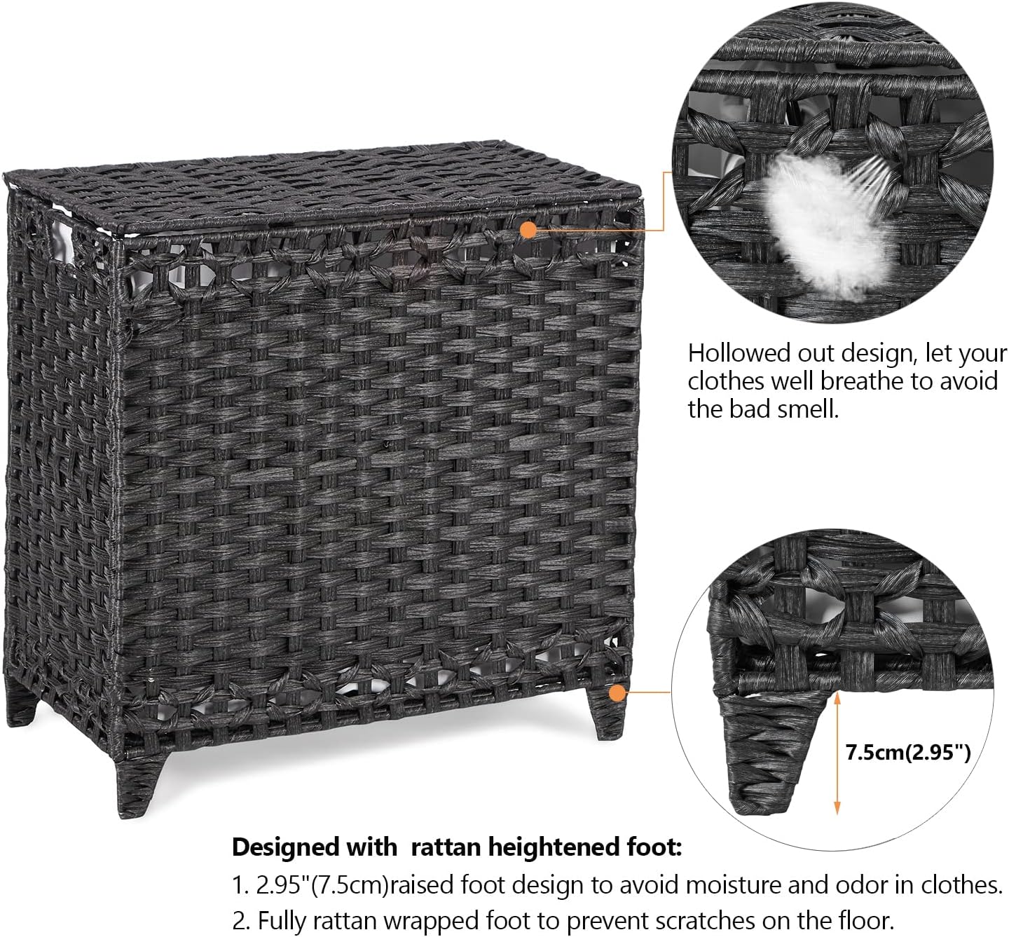 Laundry Hamper with 3 Removable Liner Bags; 132L Handwoven Rattan Laundry Basket with Lid & Heightened Feet; Clothes Hamper with Side Handles; Laundry Sorter with 3 Separate Sections (Black)