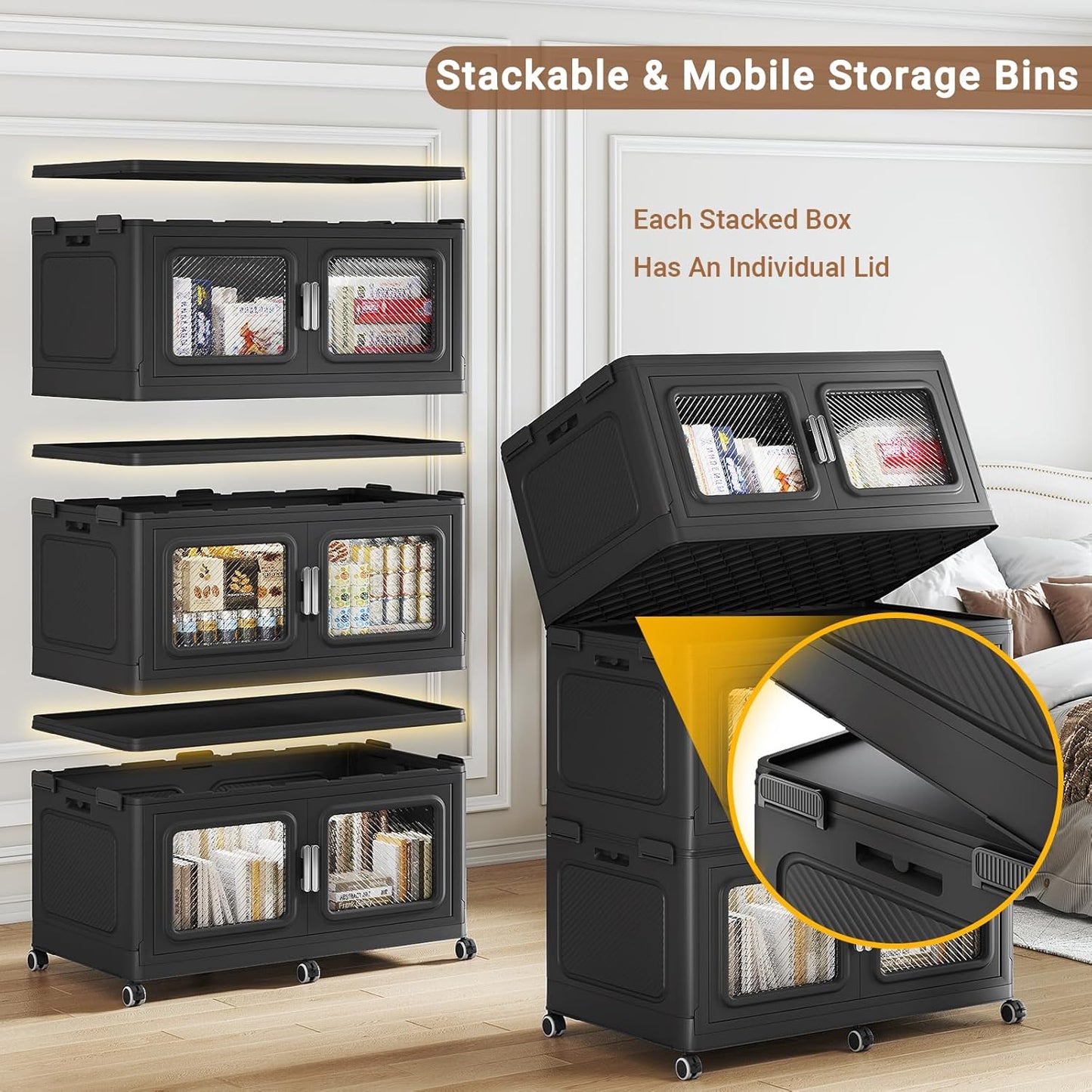 BROVIEW 880 Qt Stackable Storage Bin with Lid, 220Gal Extra Large Collapsible Storage Boxes, Folding Plastic Drawer, Heavy-Duty Store Cabinet, Closet Organizer for Home Kitchen, 4 Pack Black